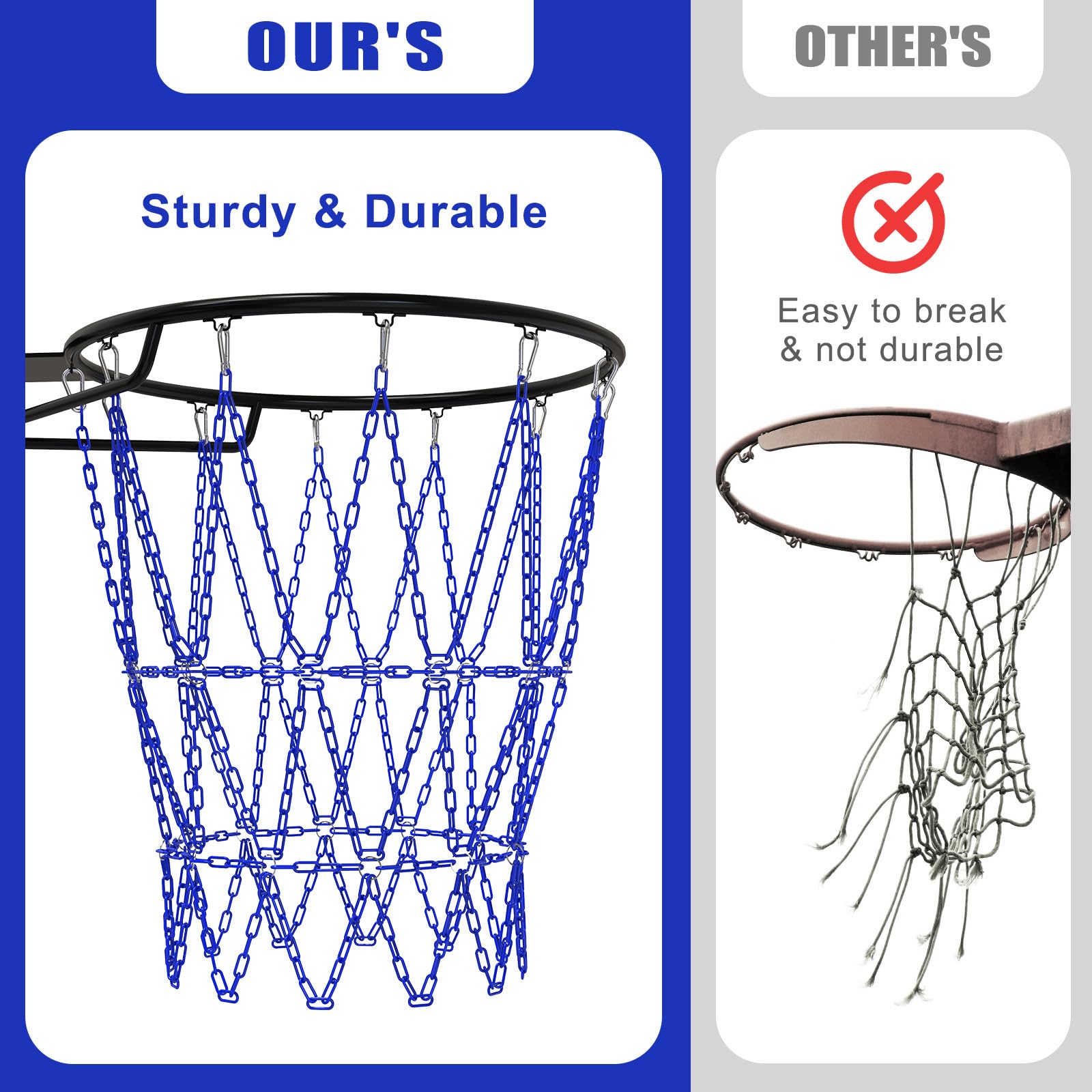 Insaga Red de baloncesto de cadena de metal resistente, red de cadena de baloncesto de 19 pulgadas para aro de repuesto para interiores y exteriores, red de cadena de acero inoxidable para borde