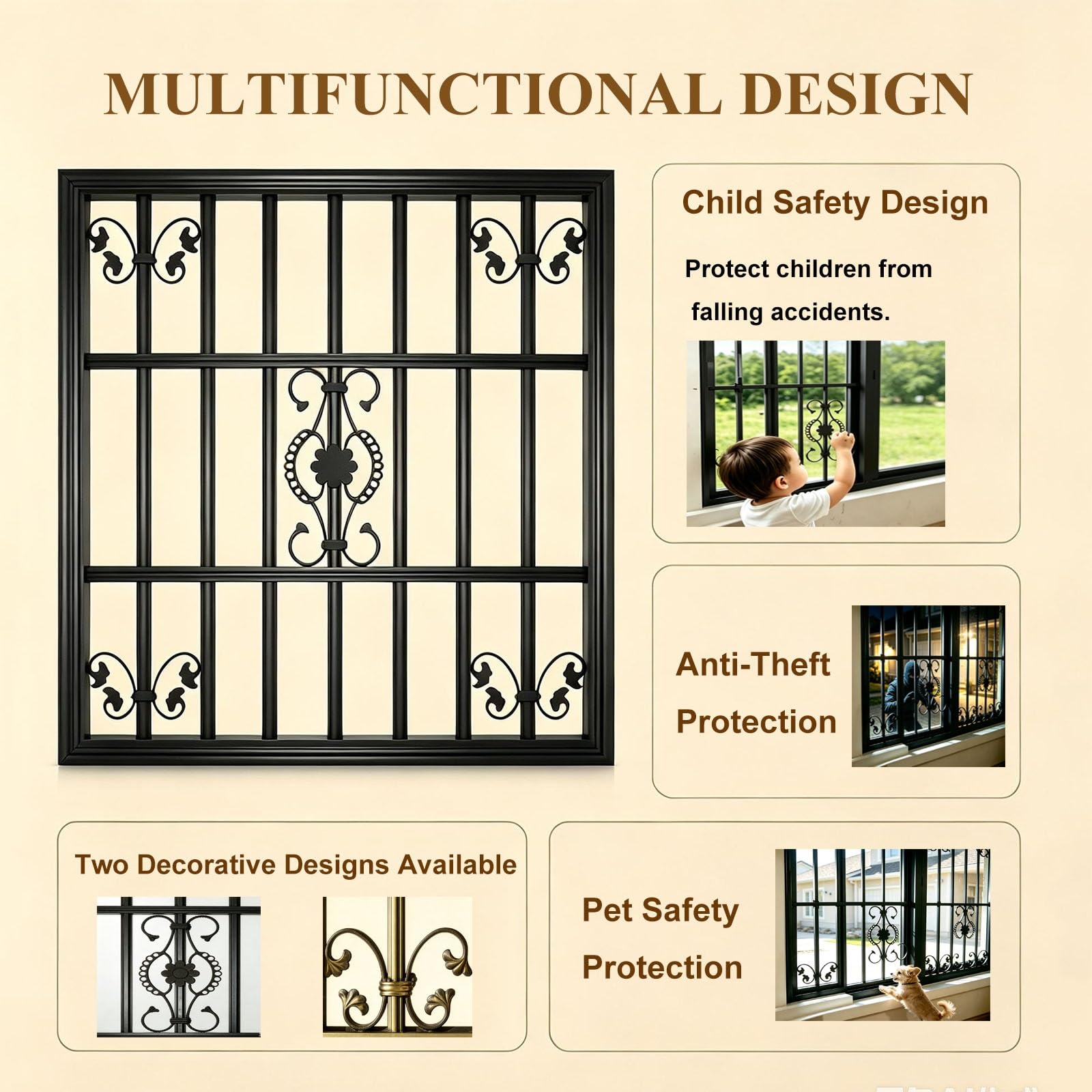 Tamaño a Medida Flora Reja de Seguridad para Ventanas | Rejilla de seguridad para ventanas de aleación de aluminio, antirrobo, para el hogar(L50xH90cm/20x36in)