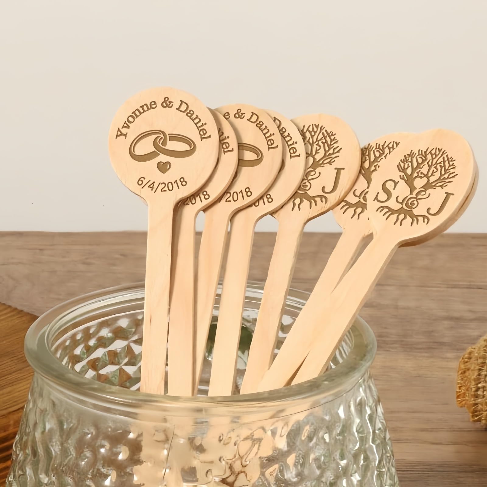 Personalised Wooden Drink Stirrers, Customed Coffee/Cocktail Stirrers for Wedding, Disposable Wood Stirrers for Parties/Business and Home Use(50pcs)