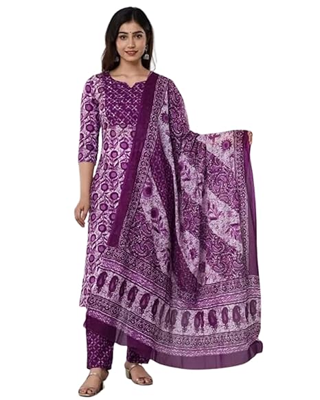 LIMRA ENTERPRISES Women's Cotton 3/4 Sleeves V Neck Printed Straight Kurti with Matching Pant & Dupatta Set