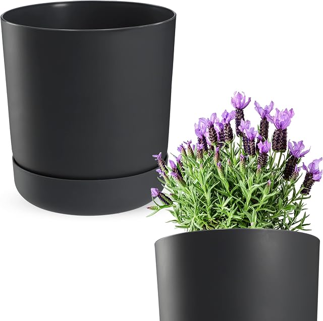KADAX Doniczka z podstawką, doniczka na rośliny z tworzywa sztucznego, minimalistyczna donica na kwiaty, kaktusy i zioła (15 cm, antracytowa)