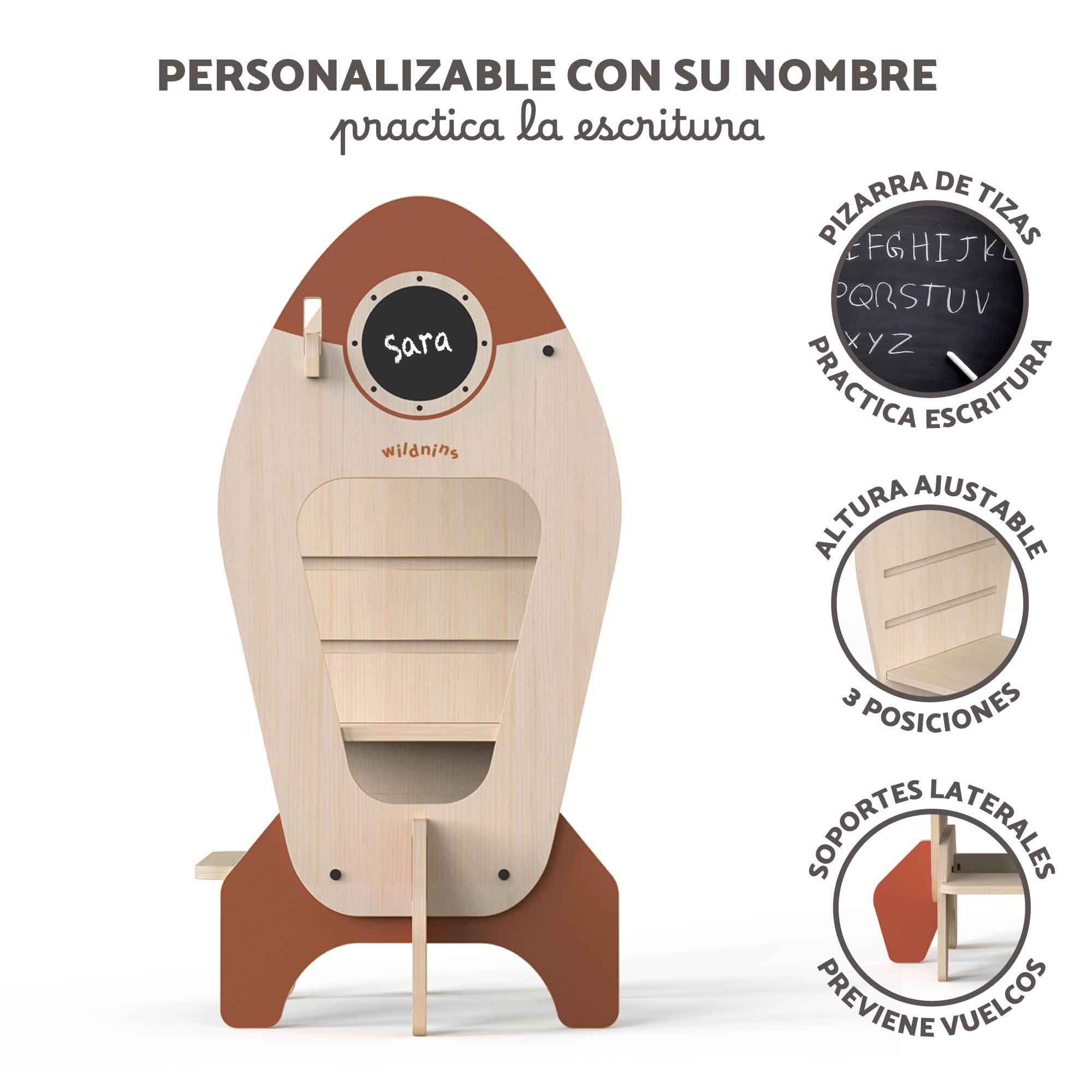 Torre de Aprendizaje Montessori Infantil – Taburete de Madera en Forma de Cohete para Bebés y Niños – Rocket Tower