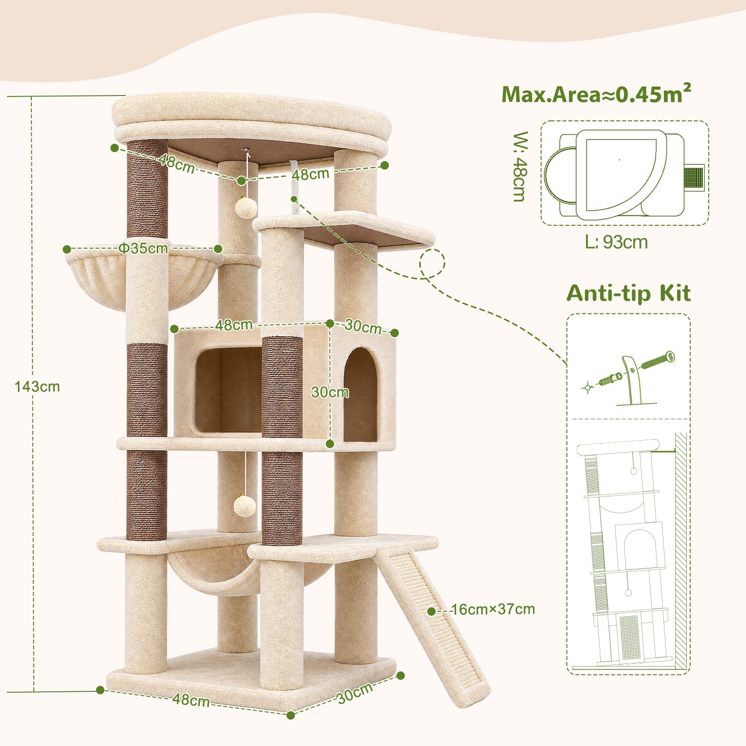 Globlazer Árbol Rascador Beige Estable con Inmenso Acolchada Plataforma 48*48CM, Grande Nido, Hamaca, Pendiente de Sisal, Cesta, Árbol Rascador 143 cm para Múltiple Gatos Adulto Interior (S56, Beige)