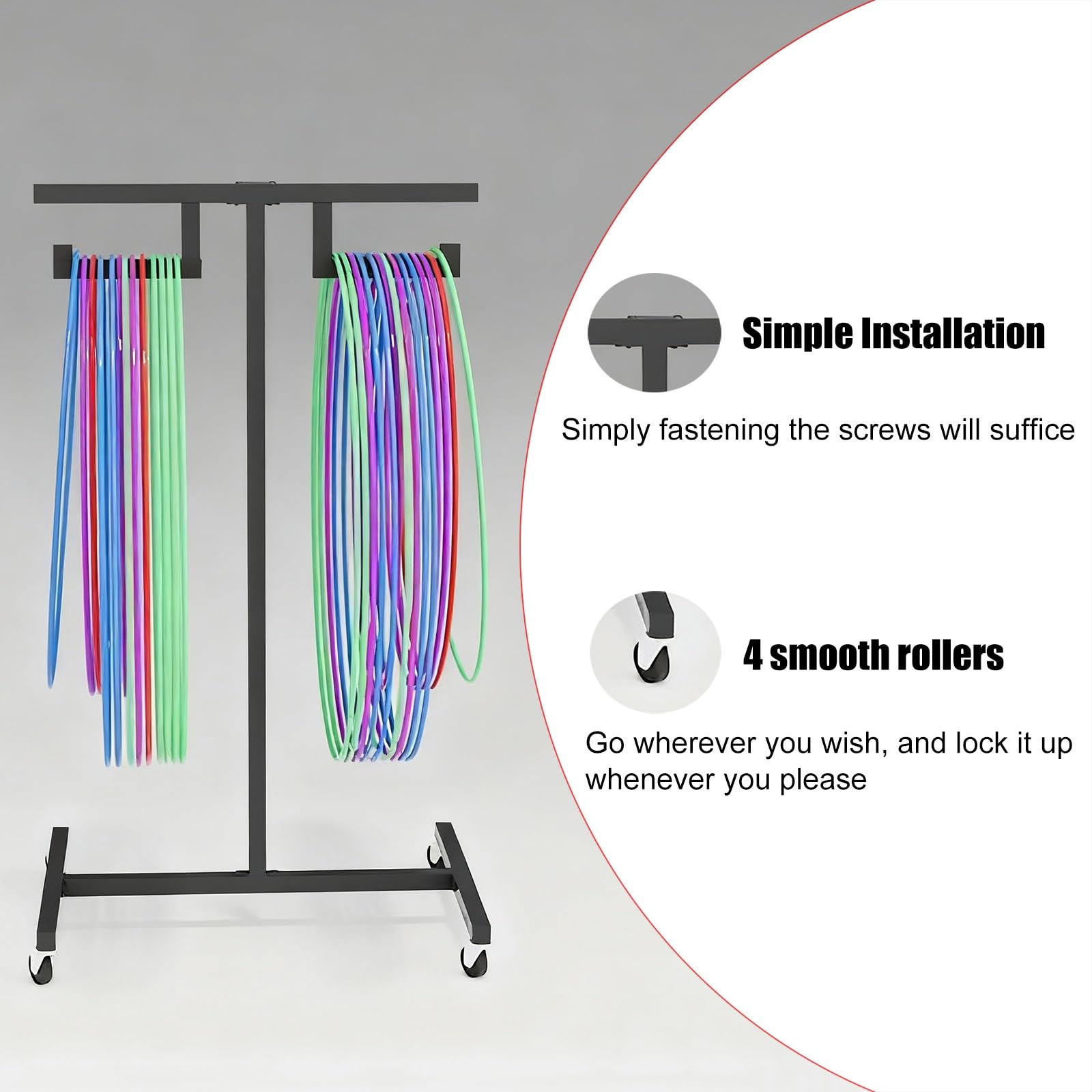 Hula Hoop Halterung Praktischer Sportring-Aufbewahrungswagen, Organizer für Hula-Hoop-Reifen und Springseile aus Metall mit Rädern, Ausstellungsständer für Fitnessgeräte
