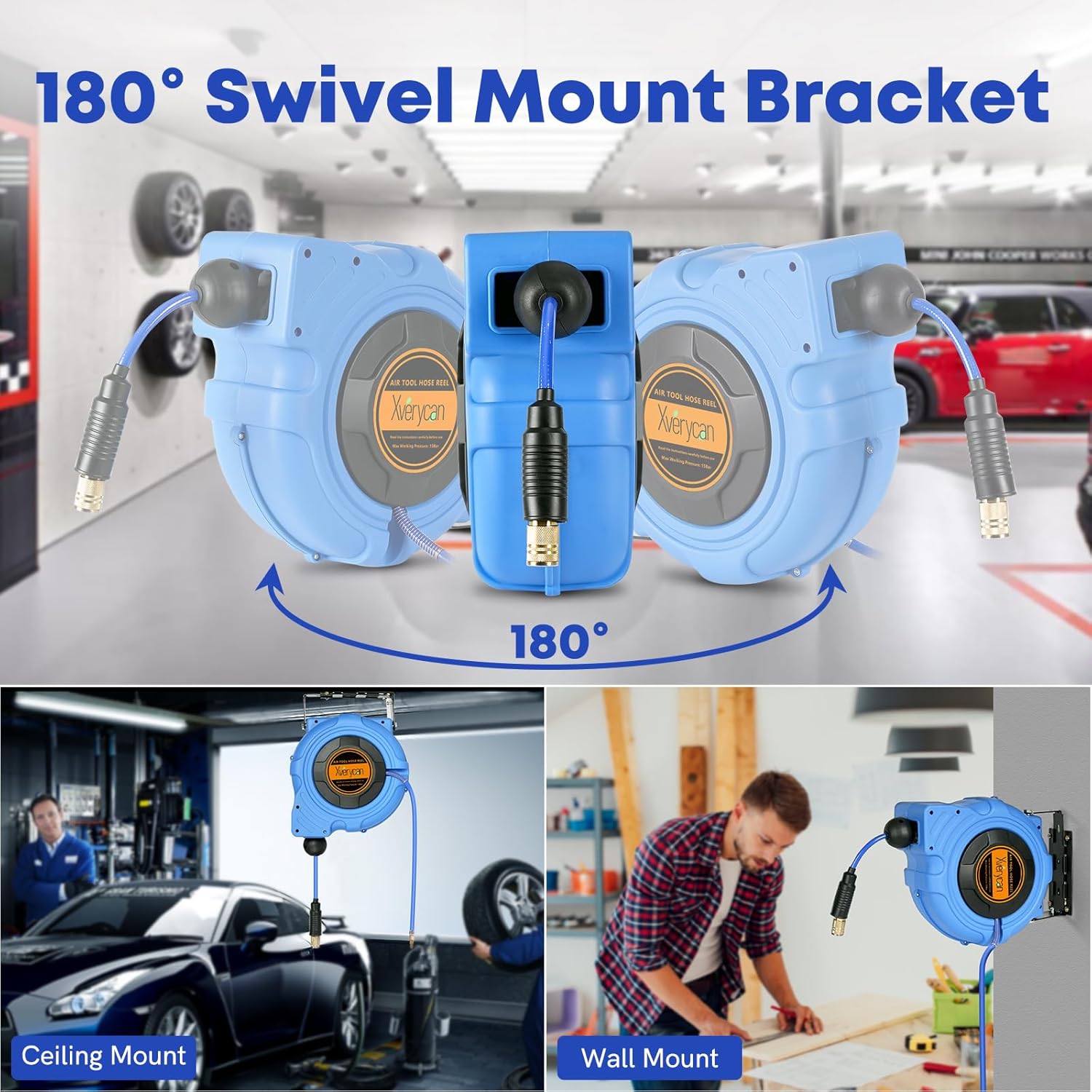 Xverycan Air Hose Reel Retractable, 3/8 in x 50 Ft Hybrid Hose Air Compression Hose Reel with 3.3 Ft Lead, Max 300 PSI, Wall Mount/Ceiling Lockable & Automatic Rewind Hose Reel with 180°Swivel Bracket