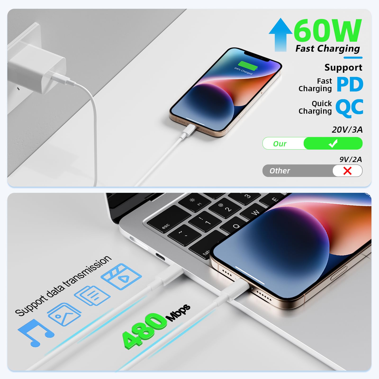 Cable USB C a USB C de 3 pies, 4 unidades, cables USB C de 60 W, cable de carga rápida tipo C para iPhone 16 15, MacBook Pro, iPad Pro Air, Samsung Galaxy S23 S22 S21 Ultra (blanco) (3, 6