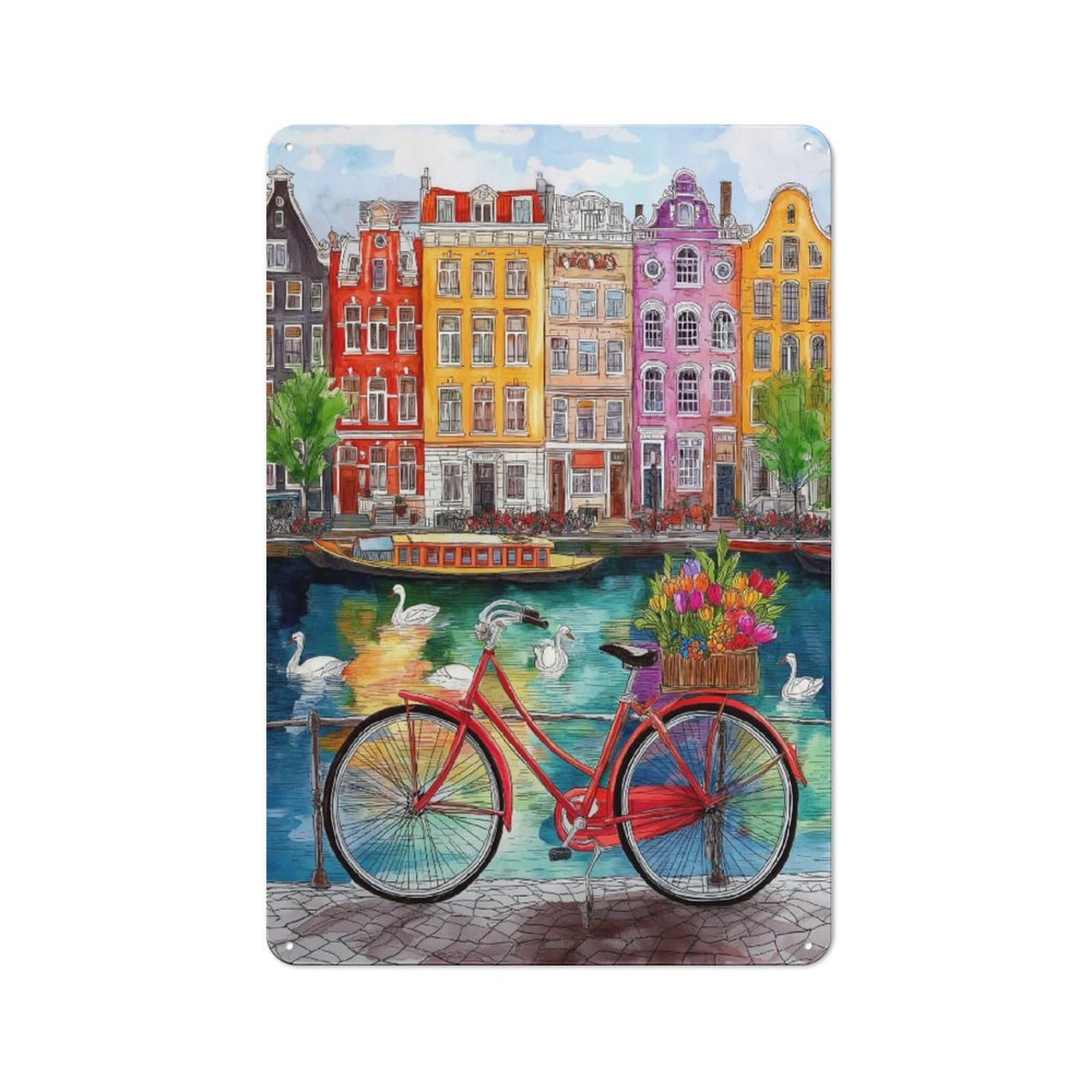 Junmoney Canal Bike & Blooms Metal Sign 30X20cm With For Hallway Wall, Retro Decor, Suited To New Home Decorators
