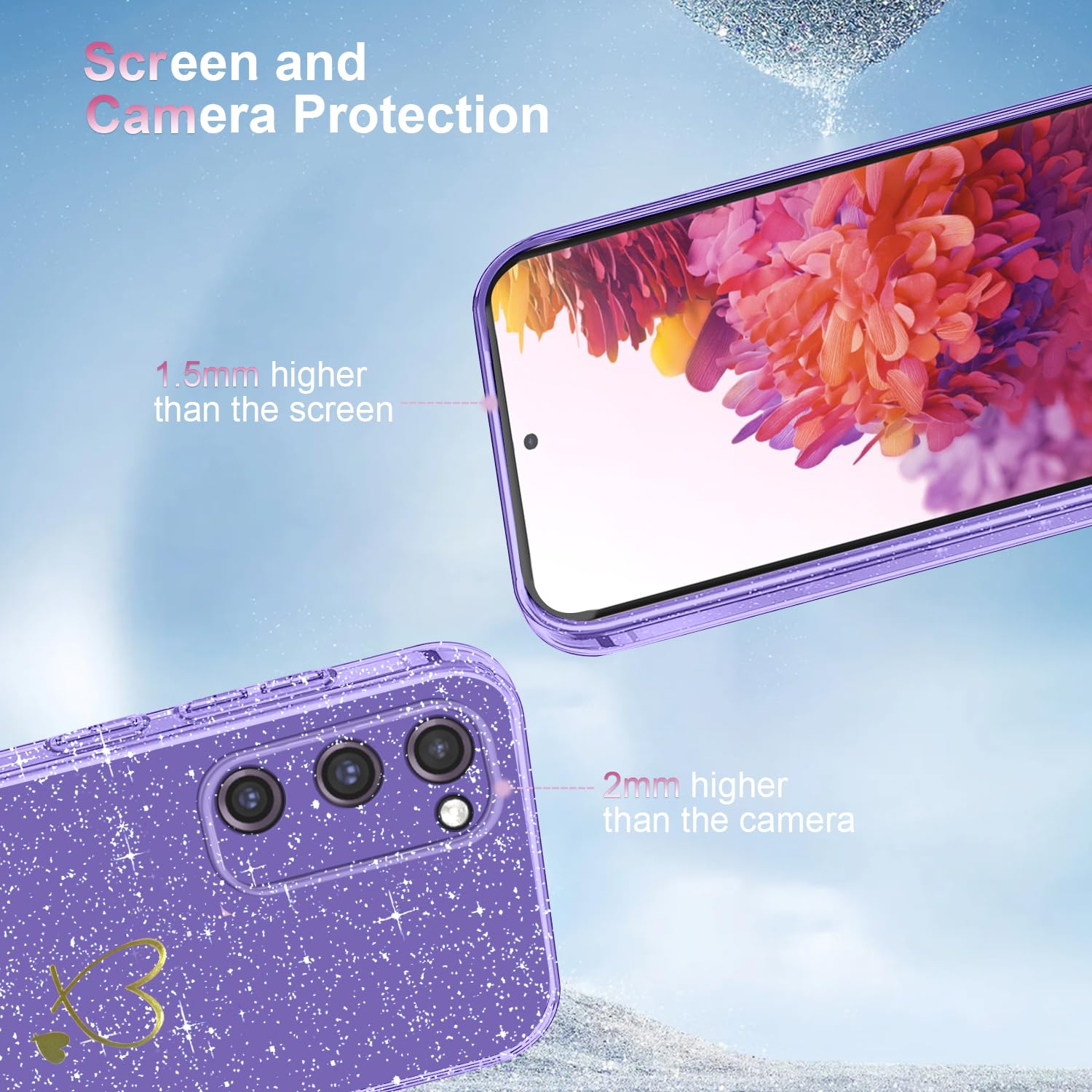 Cover Compatibile con Samsung Galaxy S20 FE 5G ((Non per S20), con 3 Pezzi Vetro Temperato Pellicola Protettiva, Glitter e Antimpronta Custodia, Antigraffio e Morbido Caso - Viola