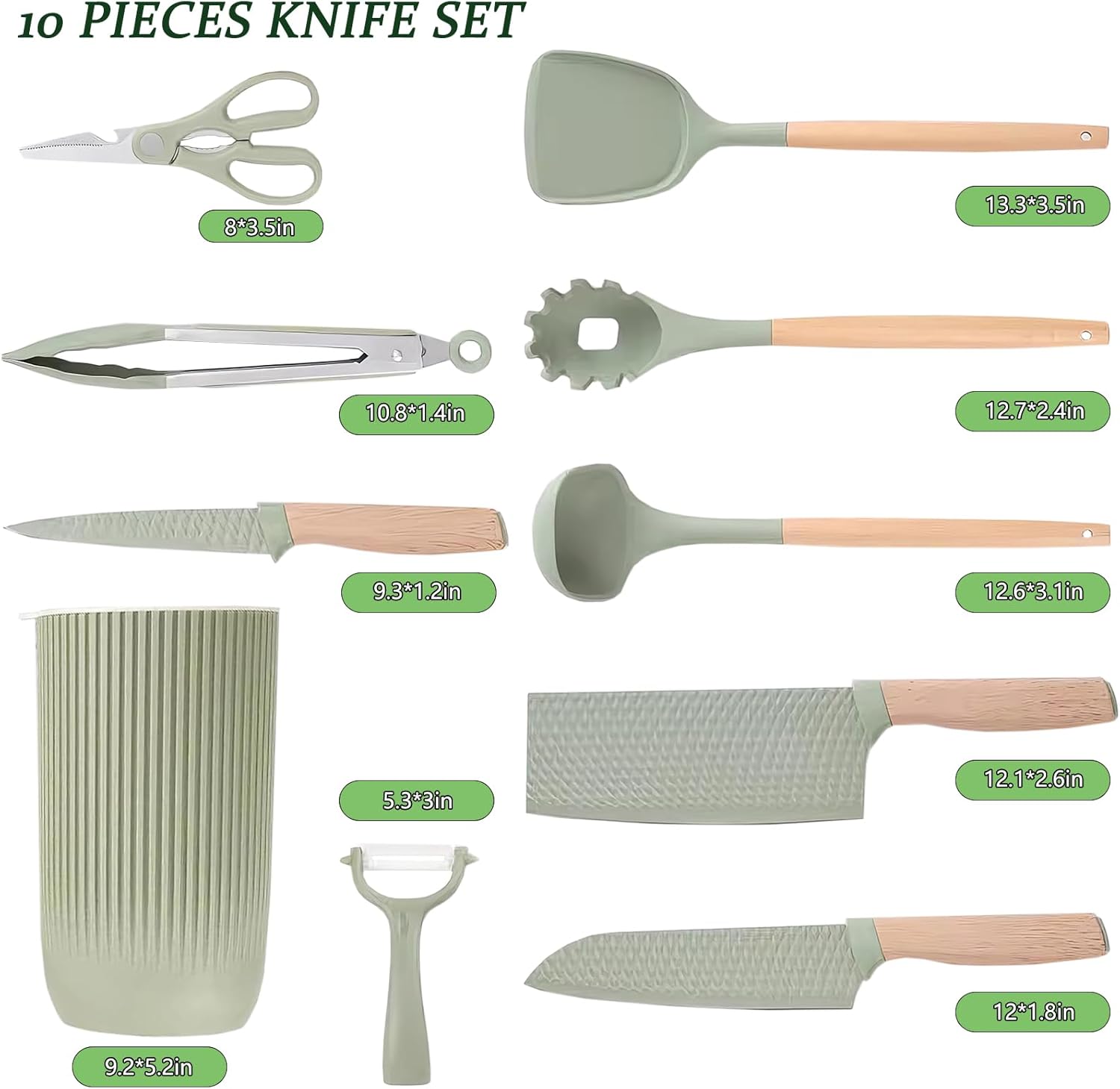 Knife Set, 10 Pieces Professional Kitchen Knife Set with Universal Knife Block, Non-stick Heat Resistan Kitchen Tools and Gadgets with Wooden Handle (Green)