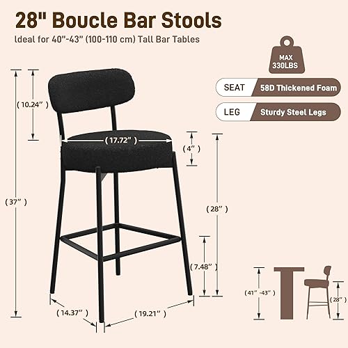 Miniatura 2 de Boucle - Juego de 2 taburetes de bar de altura de mostrador de 28 pulgadas, taburetes de bar modernos con asiento redondo de 4 pulgadas de grosor,