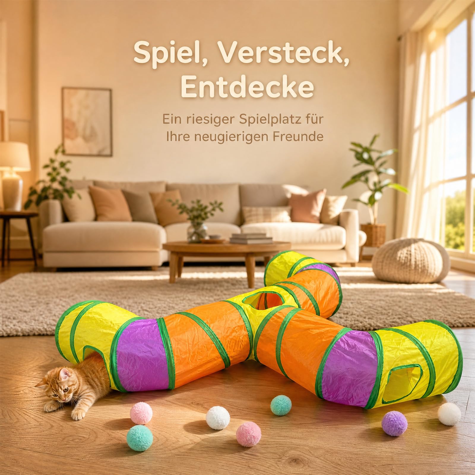 11er Set Katzentunnel, 110x130cm 3 Ausgänge Spieltunnel Indoor Outdoor | Hasen Zubehör, Spielzeug für Katzen Kaninchen Frettchen