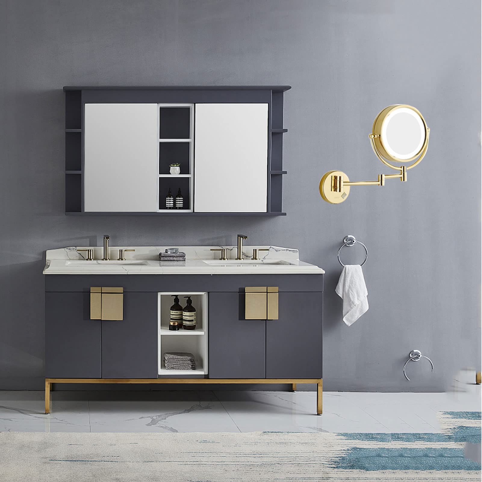 Specchio per Il Trucco con Luce, Specchio Cosmetico da Parete, Specchi Cosmetici Girevoli Estensibili da Bagno, Completamente Orientabile, per Bagno Hotel (Gold Plug 7X)