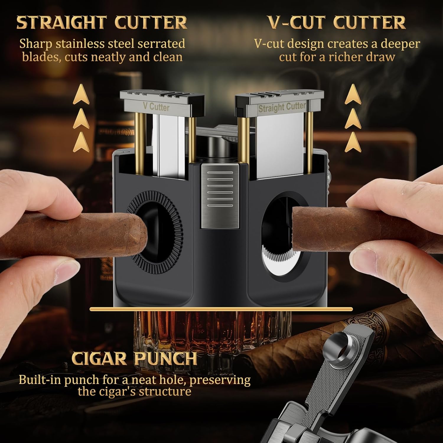 XIFEI 8-in-1 Desktop Cigar Lighter Kit, 4 Jet Flame Torch Lighter with V Cutter Guillotine, Punch, Holder, 3 Draw Enhancer Tools, 3 Ashtrays, Cigar Accessories for Home, Office, Bar & Gifts (Black)