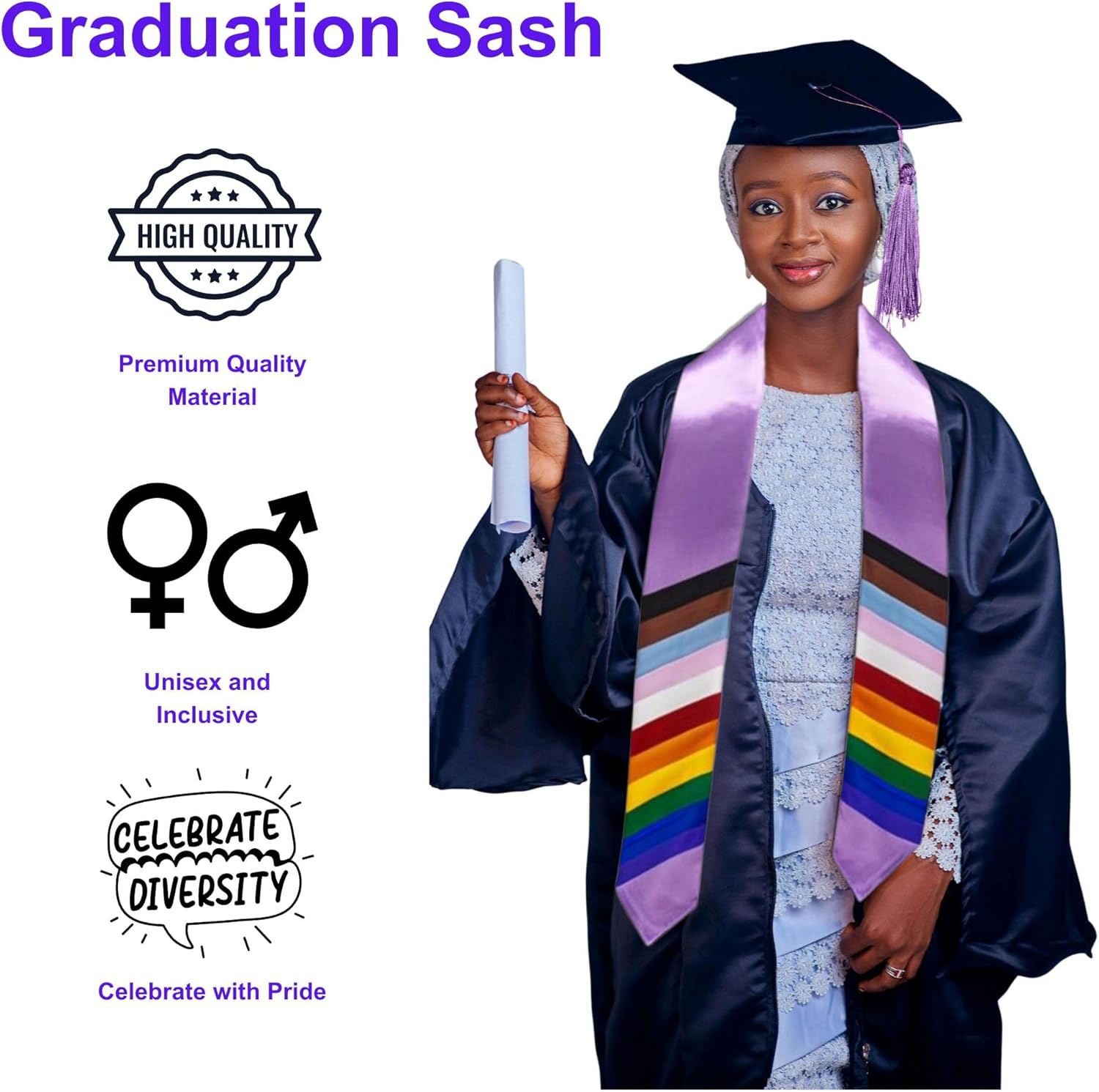 Lavender Graduation Stole with Daniel Quasar Progress Pride Flag – LGBTQ+ Graduation - Inclusive Pride Sash for Identity Celebration - Lavender Gay Pride Graduation