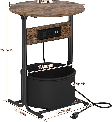 Miniatura 3 de Mesa auxiliar redonda con estación de carga y cesta de almacenamiento, mesa auxiliar pequeña para sofá, mesitas de noche para sala de estar,