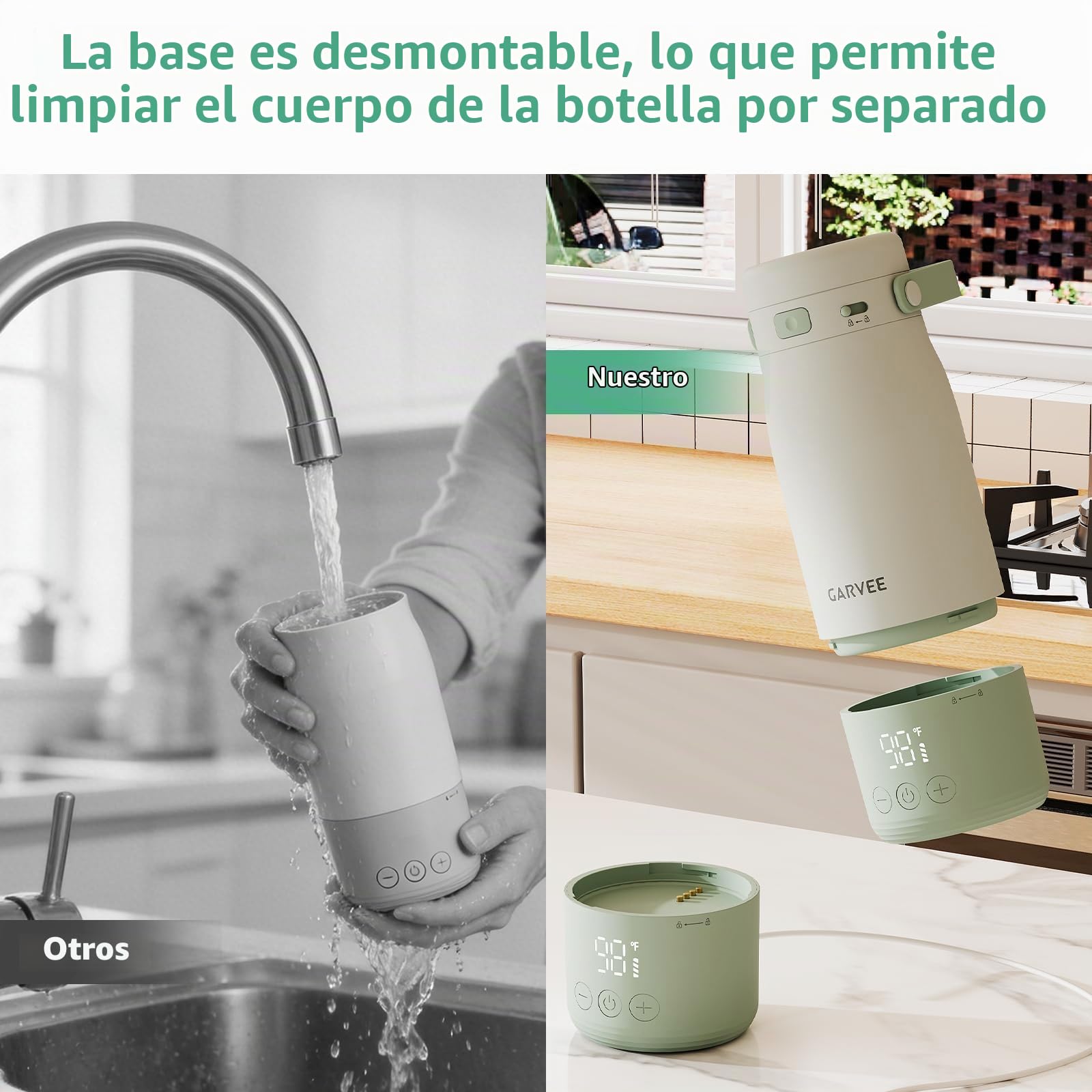 Calentador de biberón portátil, 500 ml, calentador de biberón con 70 °C pasteurización, calentamiento rápido 2 min, calentador de biberón beaba para viajes, acero inoxidable 316L, cerradura de