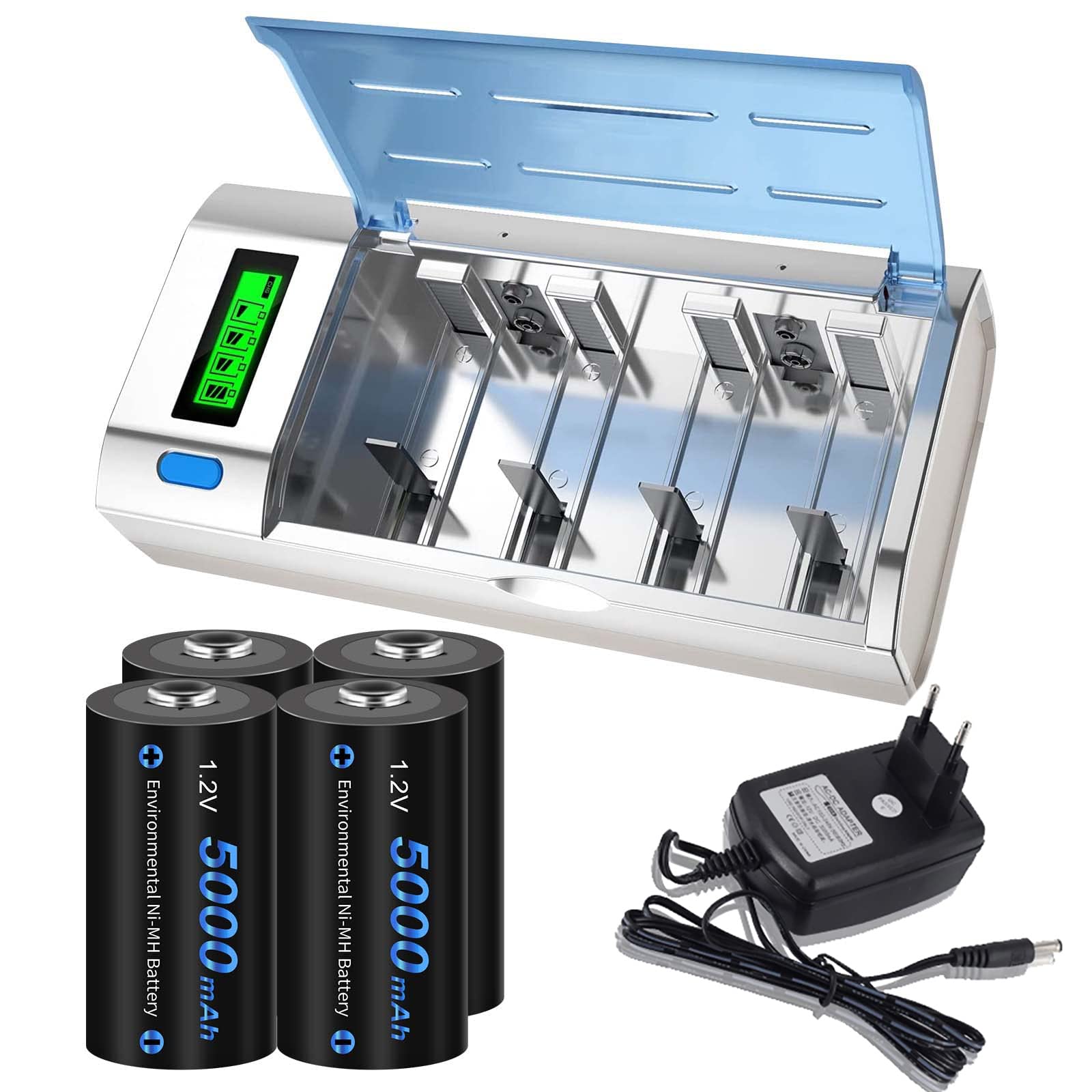 CITYORK Chargeur de Batterie Universel pour écran LCD avec Fonction de décharge pour Batteries AA, AAA, C, D, 9V NI-MH NI avec 4 Batteries NI-MH C Taille 5000mAh