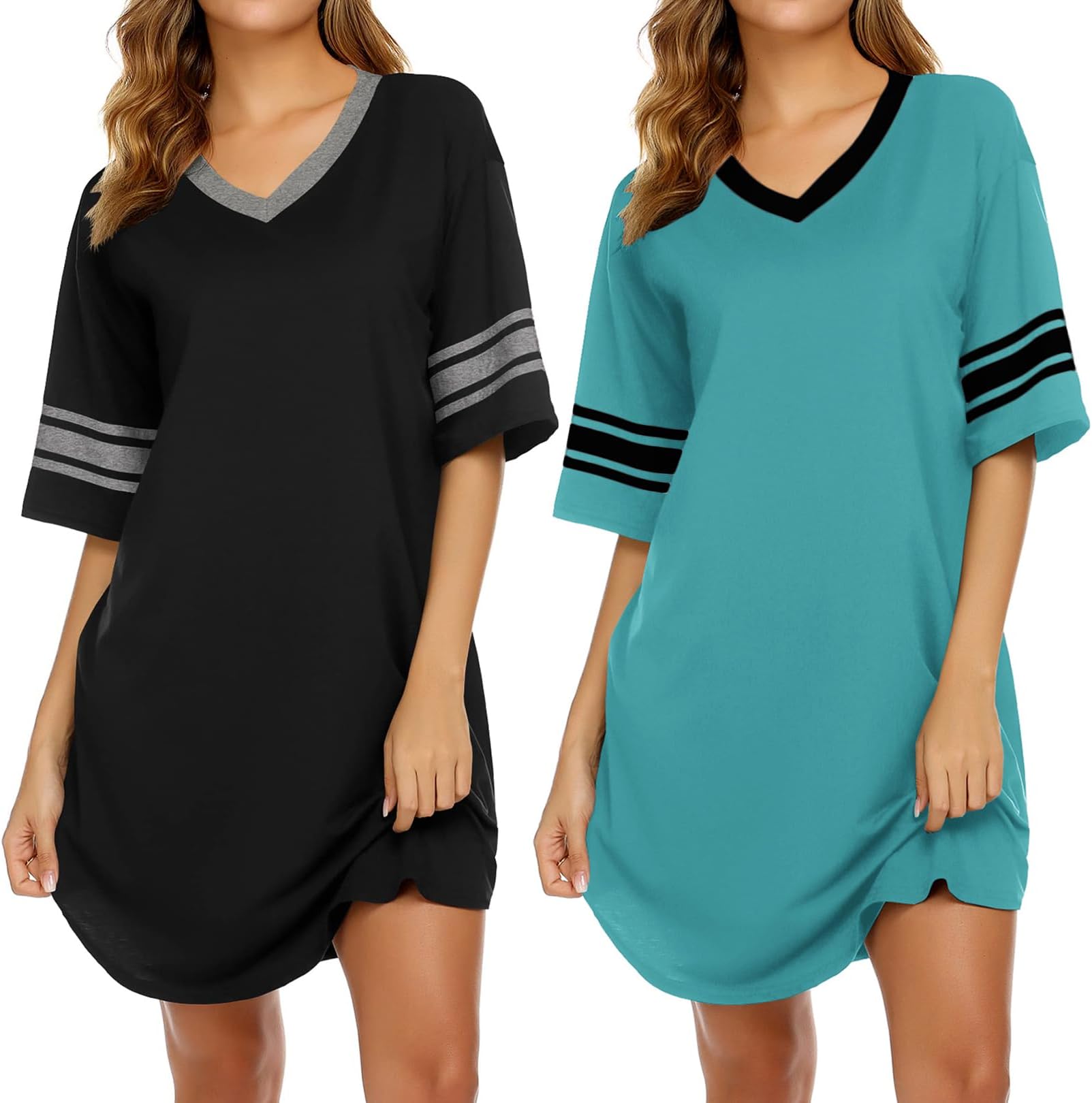 Ekouaer Nightgowns for Women 2 Pack Sleepshirts Short Sleeve Nightshirt V Neck Sleepwear Casual Pajama Dress