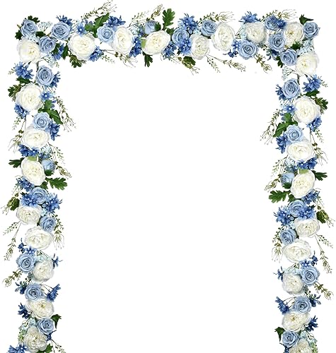 DearHouse Guirnalda de peonías artificiales de seda con flores blancas y moradas para decoración de mesa de boda, 6 pies  hebra (blanco, azul y azul