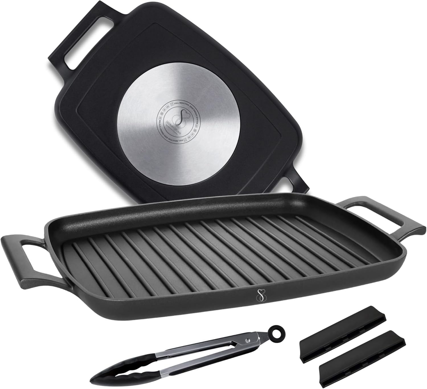 Stone&Stone Bistecchiera Induzione 47 cm Rettangolare, Piastra Grill Induzione BBQ Antiaderente con Rivestimento Ceramico Tedesco, Fondo Acciaio Pieno, con Pinza, Gas e Forno, Senza PFAS PFOA PTFE