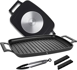 Stone&Stone Grillplatte Induktion Rechteckig 47 cm, BBQ Grillpfanne Induktion Antihaft mit Zange, Deutsche Keramikbeschichtung, Vollstahlboden, geeignet für Gas und Backofen, PFAS, PFOA und PTFE-frei