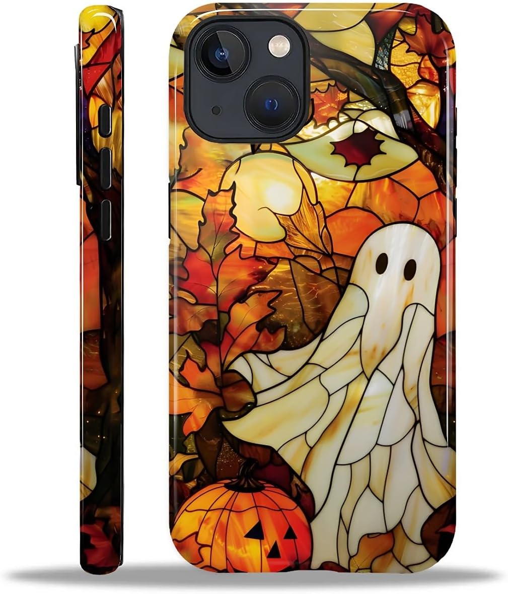 Compatible with iPhone 13 iPhone 14 Case - Dual-Layer Protection, Hard Shell with Silicone Interior,Slim Scratch Resistant Shockproof for Woman Men - Stained Glass Halloween Ghost and Pumpkin Stained Glass Halloween Ghost and Pumpkin iPhone 13 iPhone 14