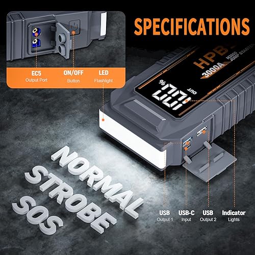 Miniatura 5 de Arrancador de vehículos de 3000 A, para todos los motores de gasolina de hasta 10L y diésel de 8L, batería portátil de 12V con pantalla LCD de 3.0