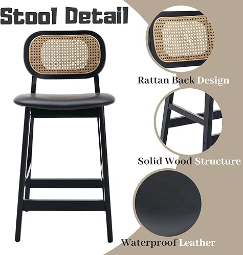 Miniatura 5 de Juego de 2 taburetes de bar de ratán de piel sintética negra, taburetes de bar tapizados de 26 pulgadas, sillas de isla de cocina de madera negra