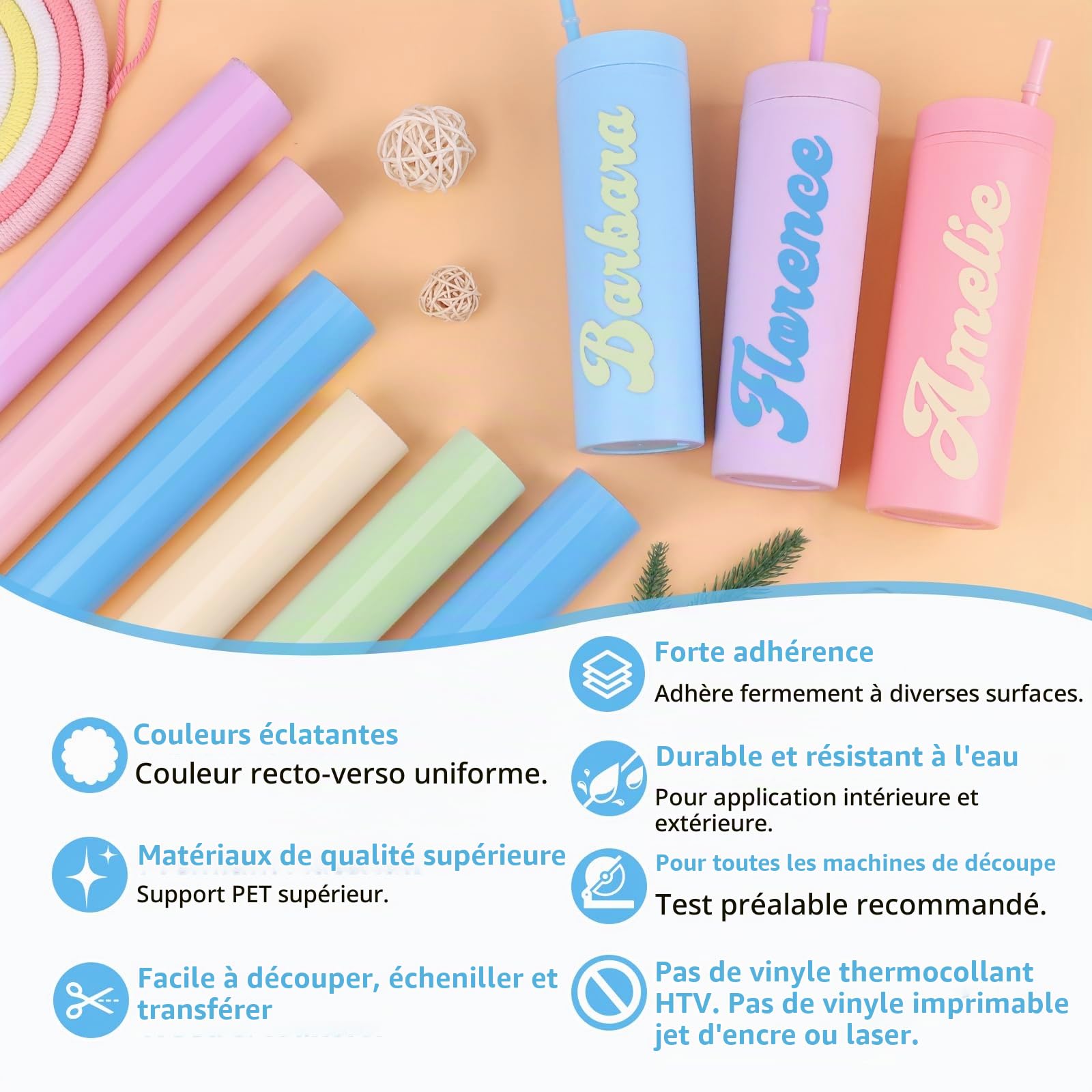 TECKWRAP Lot de 6 rouleaux de vinyle adhésif permanent pour Cricut, Silhouette, Cameo, cutters, panneaux, scrapbooking, loisirs créatifs, intérieur et extérieur, 30,5 cm x 1,5 m, couleur claire