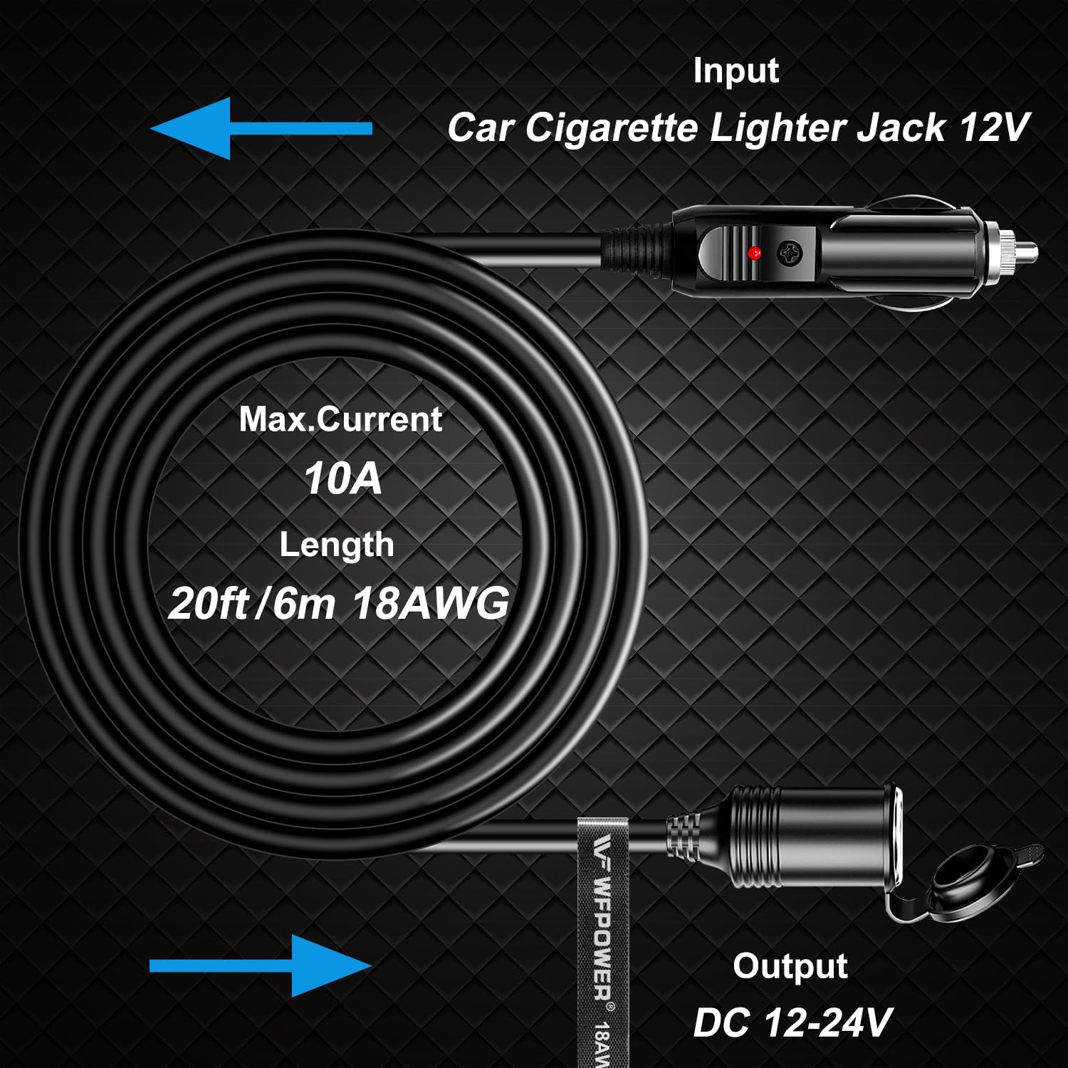 Cavo Prolunga Accendisigari Auto 6m 12V/24V Con Fusibile 10A E Tappo Impermeabile - Gomma 18 AWG Per Pompa, Luci, Camper