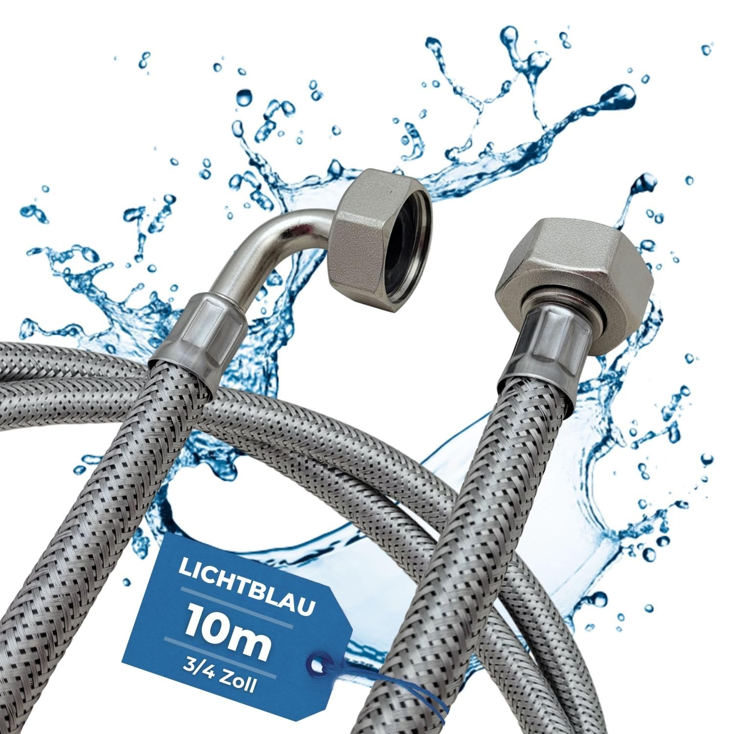 LICHTBLAU Manguera de entrada de acero inoxidable resistente a las torceduras, 10 m, conexión de 3/4 de pulgada, para lavadoras y lavavajillas, manguera acodada/recta con junta, de uso universal.