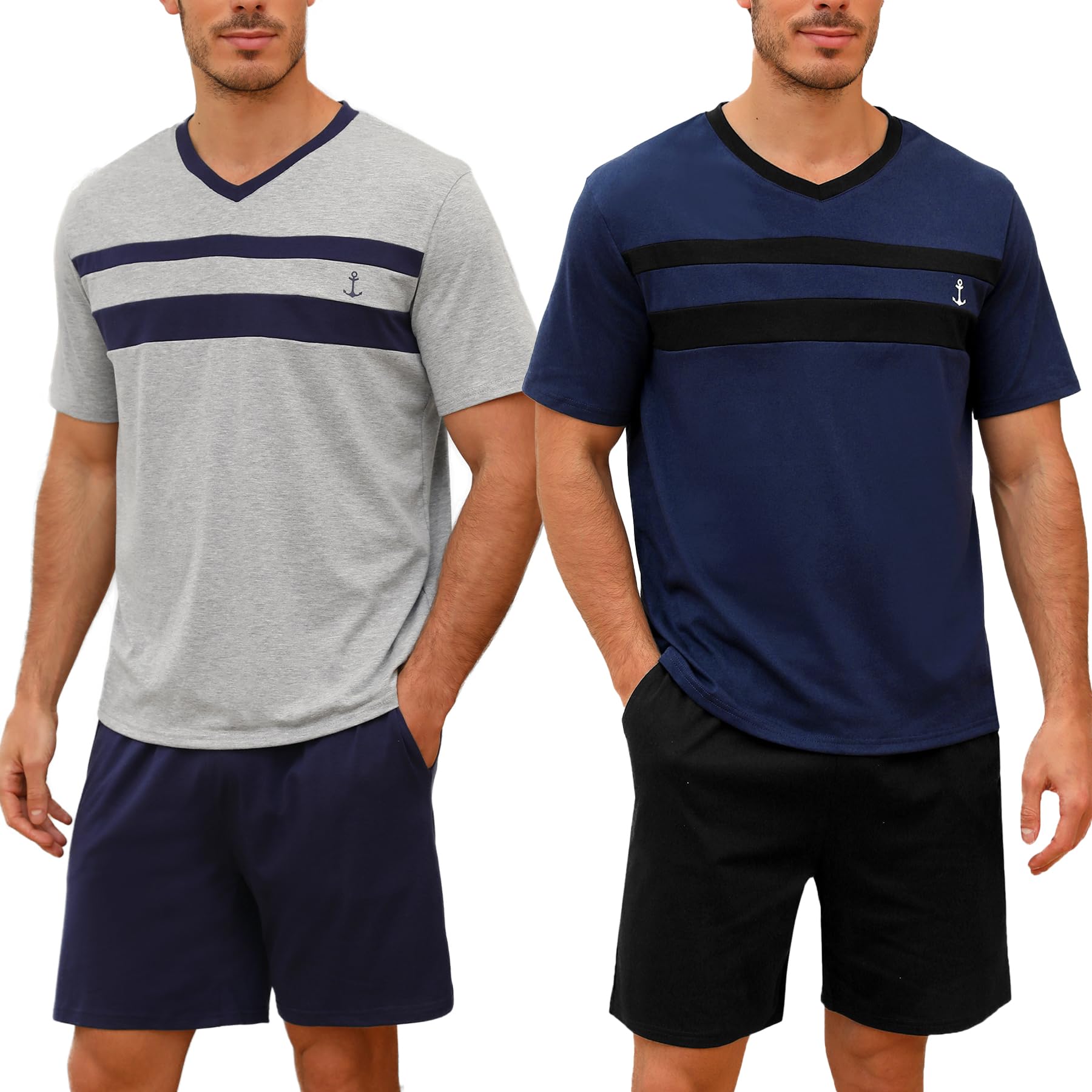 Nieery Schlafanzug Herren kurz Baumwolle Sommer Pyjama Set Kurzarm V-Ausschnitt T-Shirt und Shorty Schlafanzughose