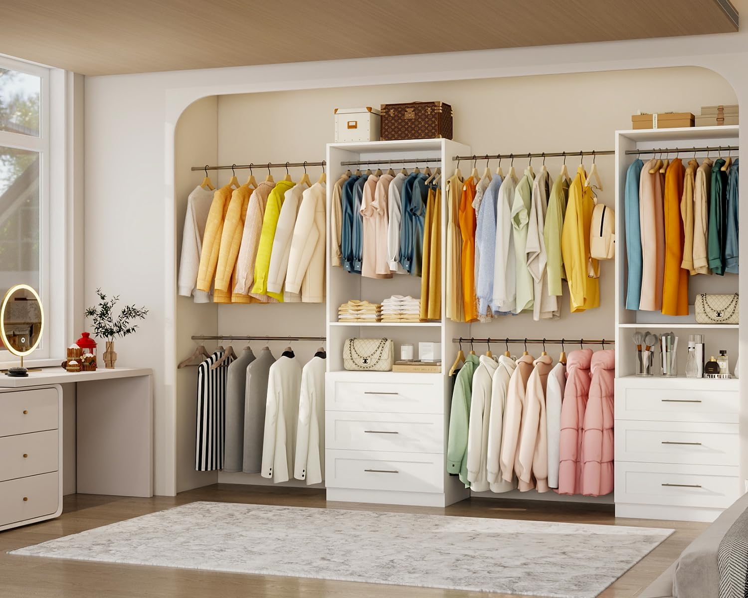 Closet System of 2 Set, 4-18FT Closet Organizer System with 10 Hanging Rods & 6 Wood Drawer & Adjustable Shelves, Walk in Closet Storage System, Free Standing Closet System, White