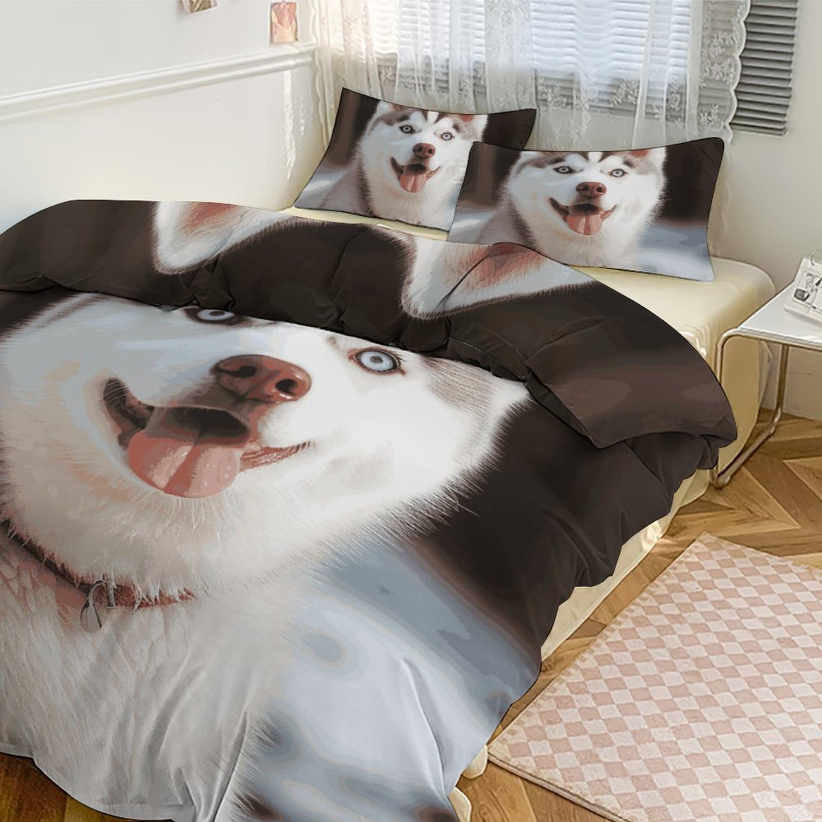 Parure de lit grand lit avec couette épaisse motif husky pour maison et gîte