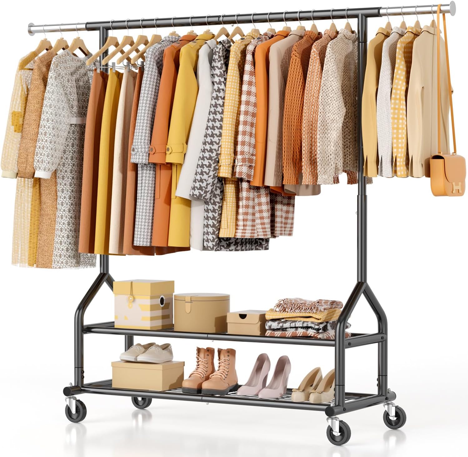 EAGMAK Heavy Duty Clothes Rail, Clothing Rail With Shelves Load 252 KG, Freestanding Hanging Rails for Clothes, Adjustable Metal Clothing Hanger with Wheels, Portable Coat Rack for Bedroom (Black)