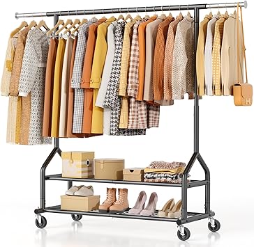 EAGMAK Heavy Duty Clothes Rack Load 556 LBS, Rolling Clothing Rack With Shelves, Height Adjustable Metal Clothes Hanger with Wheels Portable Wardrobe Organizer Garment Rod for Hanging Clothes Black
