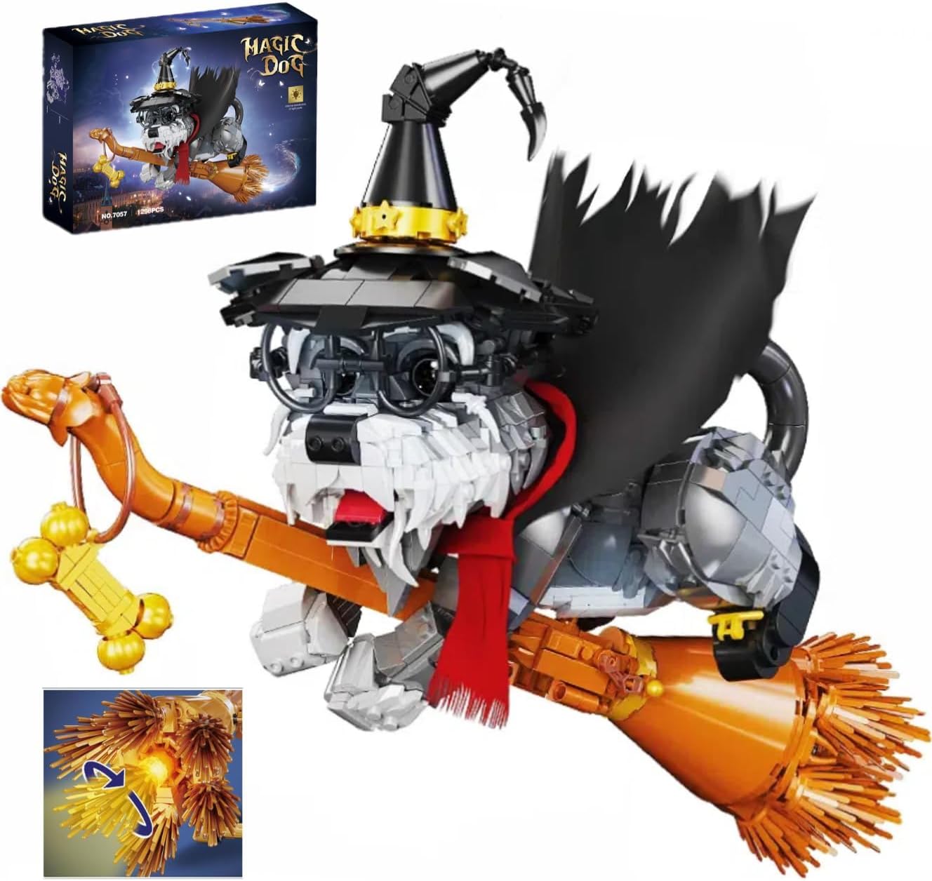 Mini Schnauzer Magic Building Blocks, Adorable Wizard Dog Model Toy Kit, Halloween Animal Decorations for Living Room and Bedroom, 1298 Pcs Idea Creative Stem Gifts for Adults