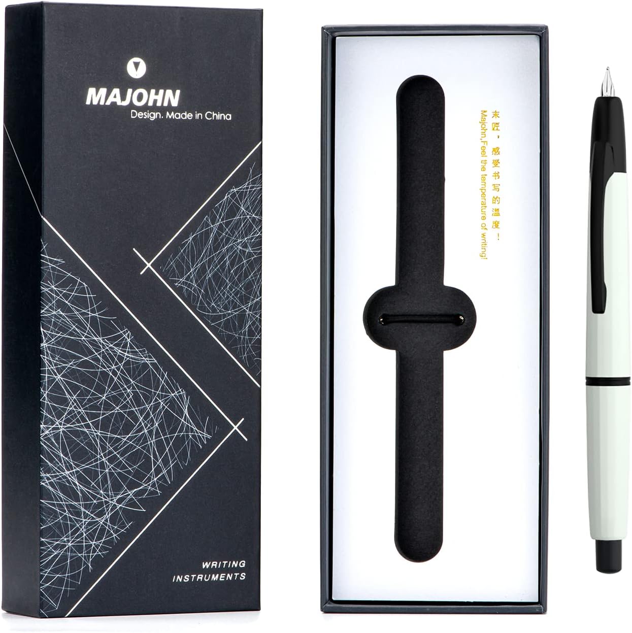 erofa Majohn A2 Press Fountain Pen Extra Fine Nib with Box, Retractable White Resin Ink Pen with Converter Writing Set (Black Clip Version