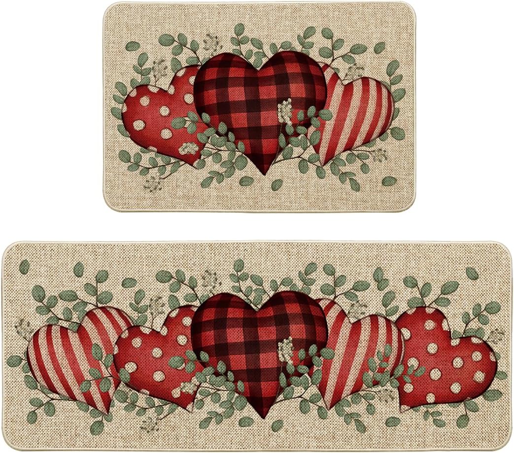 Artoid Mode Eucalyptus Love Heart Valentine's Decorative Kitchen Mats Set of 2, Home Party Low-Profile Home Kitchen Rugs - 17x29 and 17x47 Inch