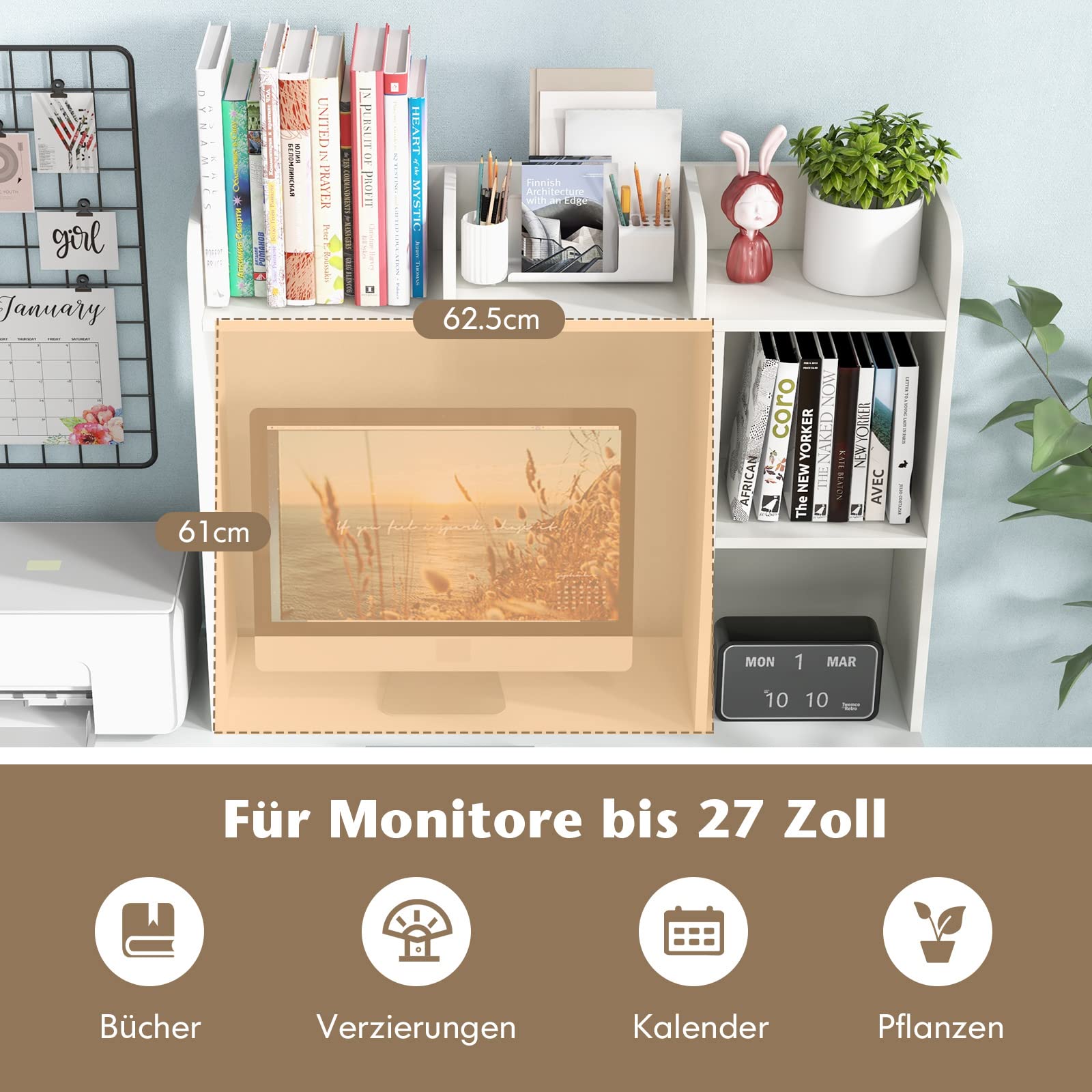 COSTWAY Regał na biurko, regał stołowy z 4 półkami i otwartą półką, system odkładania, uniwersalny organizer stołowy na biurko, 94 x 25 x 74 cm (biały)
