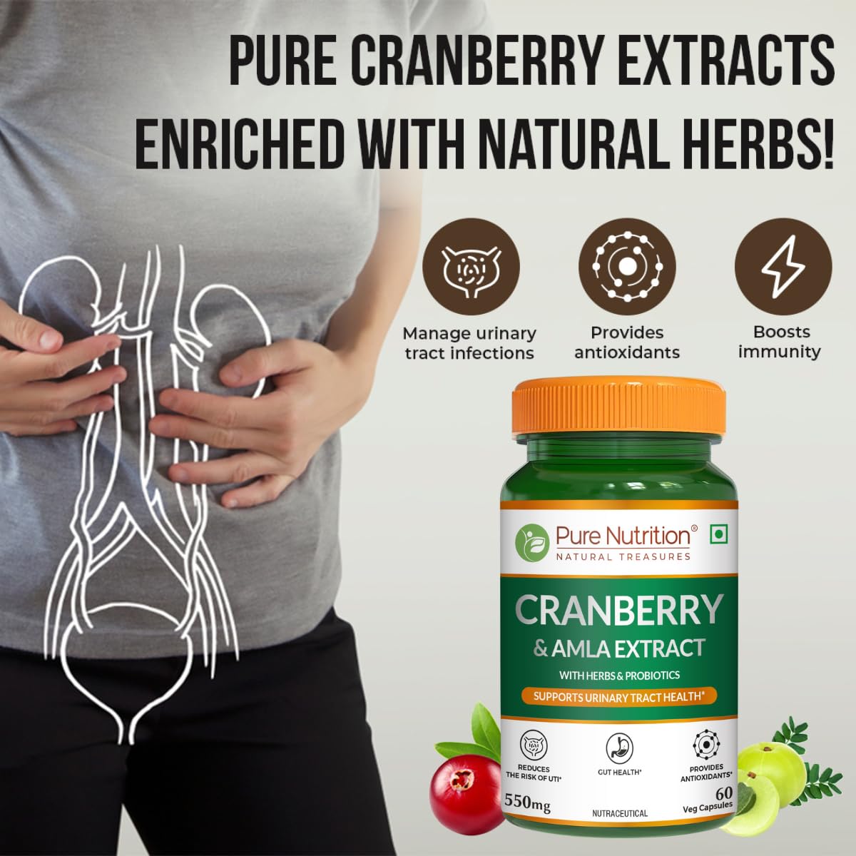 Pure Nutrition Cranberry Supplements | Cranberry & Amla Extract with 3 Billion CFU Probiotics | Cranberry Capsules for Women & Men With Natural Antioxidants | Dietary Supplement with Herbal Extracts & Probiotics | 550mg β 60 Veg Capsules 1