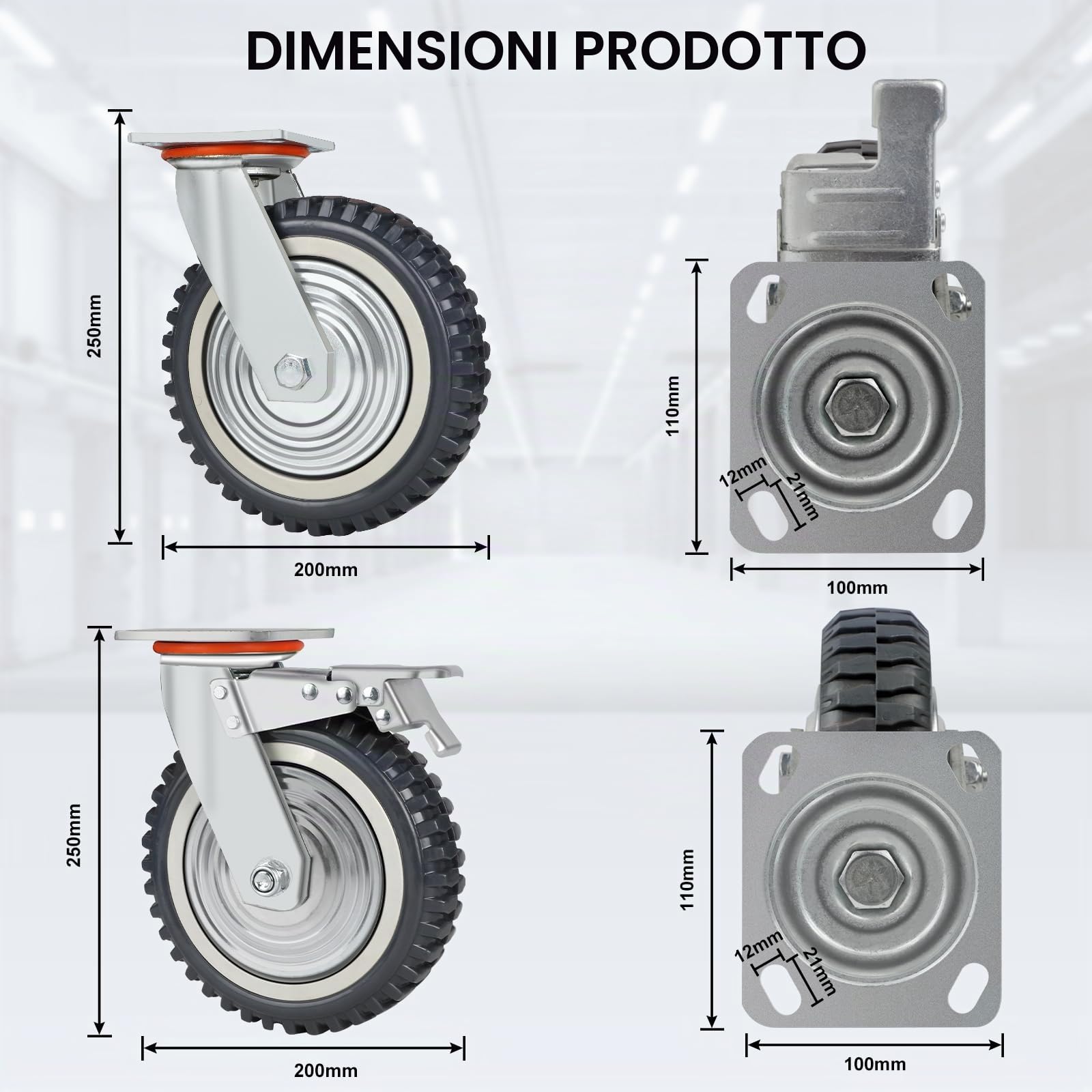 DBREAKS Ruote per carichi pesanti, diametro 200 mm, 4 ruote per pannelli, 2 ruote girevoli con freno + 2 ruote girevoli, ruote in gomma piena a 360°, ruote mobili da 2000 kg per tavolo di saldatura