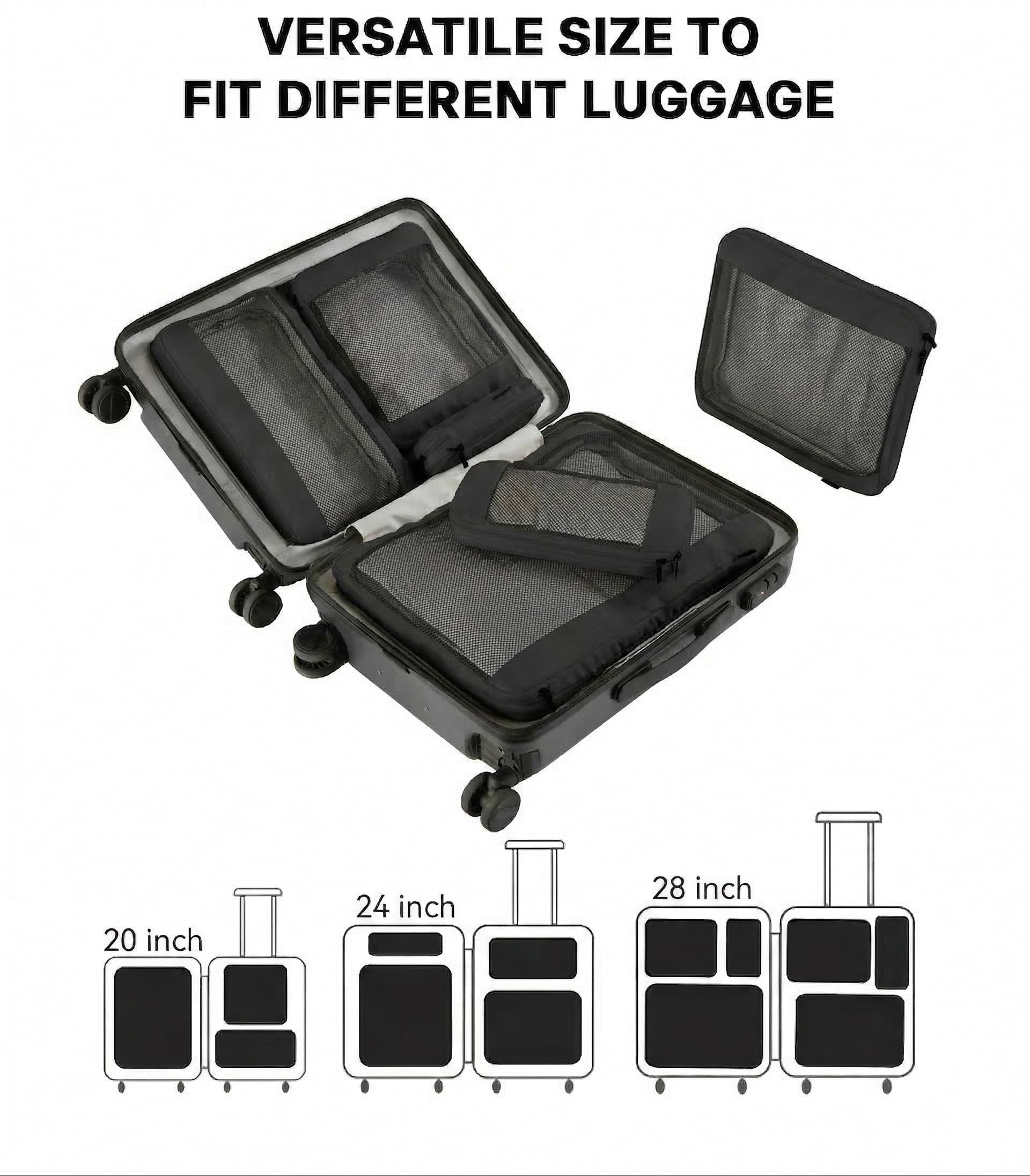 MURISE Zestaw 6 Organizer do Walizki Kompresyjny, Compression Packing Cubes do Plecaka, Organizer Podróżny na Wakacje i Podróże, Akcesoria Kempingowe i Podróżne, Czarny