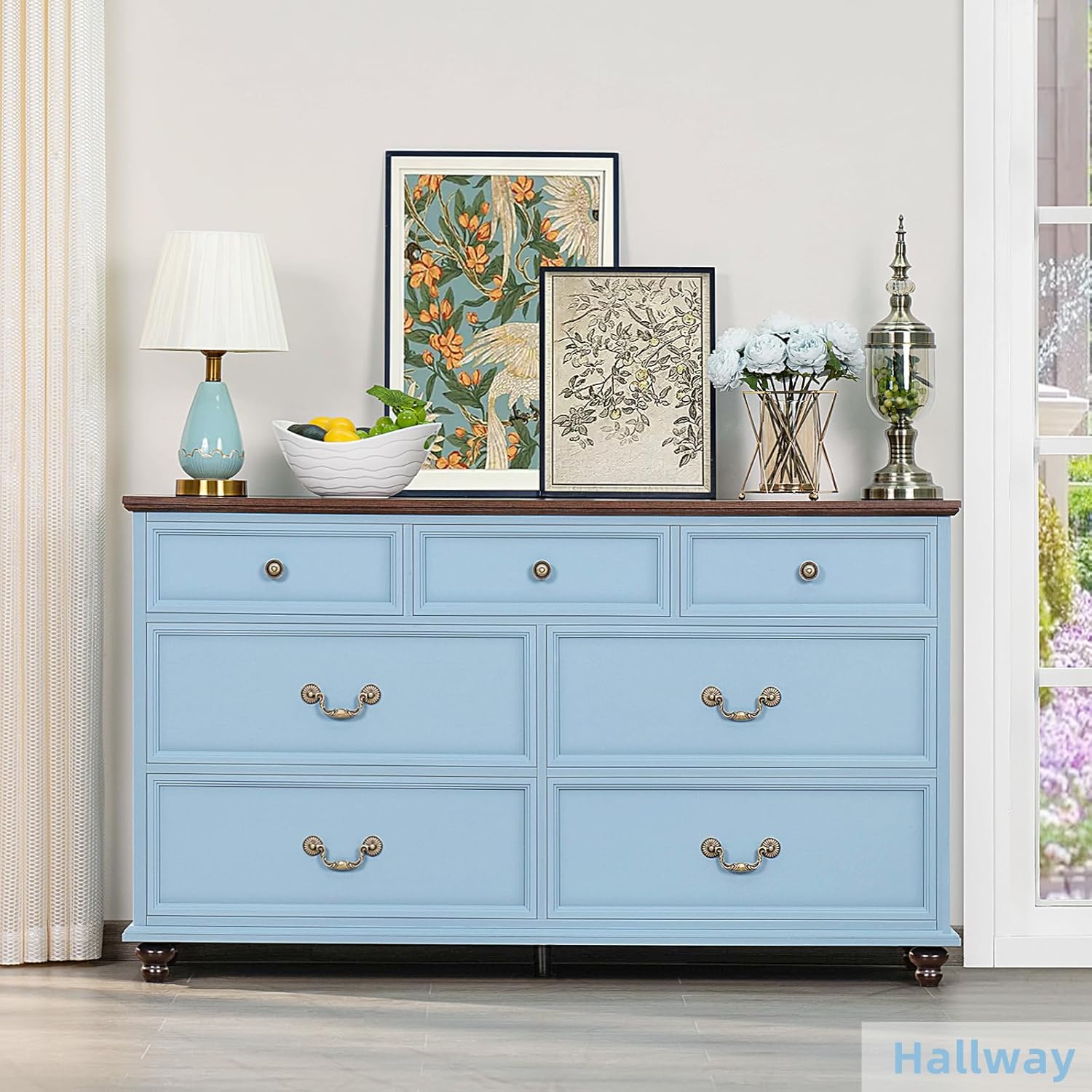 Farmhouse 54" 7 Drawers Dresser for Bedroom, Wide Wood Chest of Drawers w/ 4 Wooden Legs, Vintage Large Storage Dressers Organizer for Hallway, Rustic TV Stand for Living Room, Light Blue 16"D x 54"W x 32"H (7 Drawers) Light Blue 1