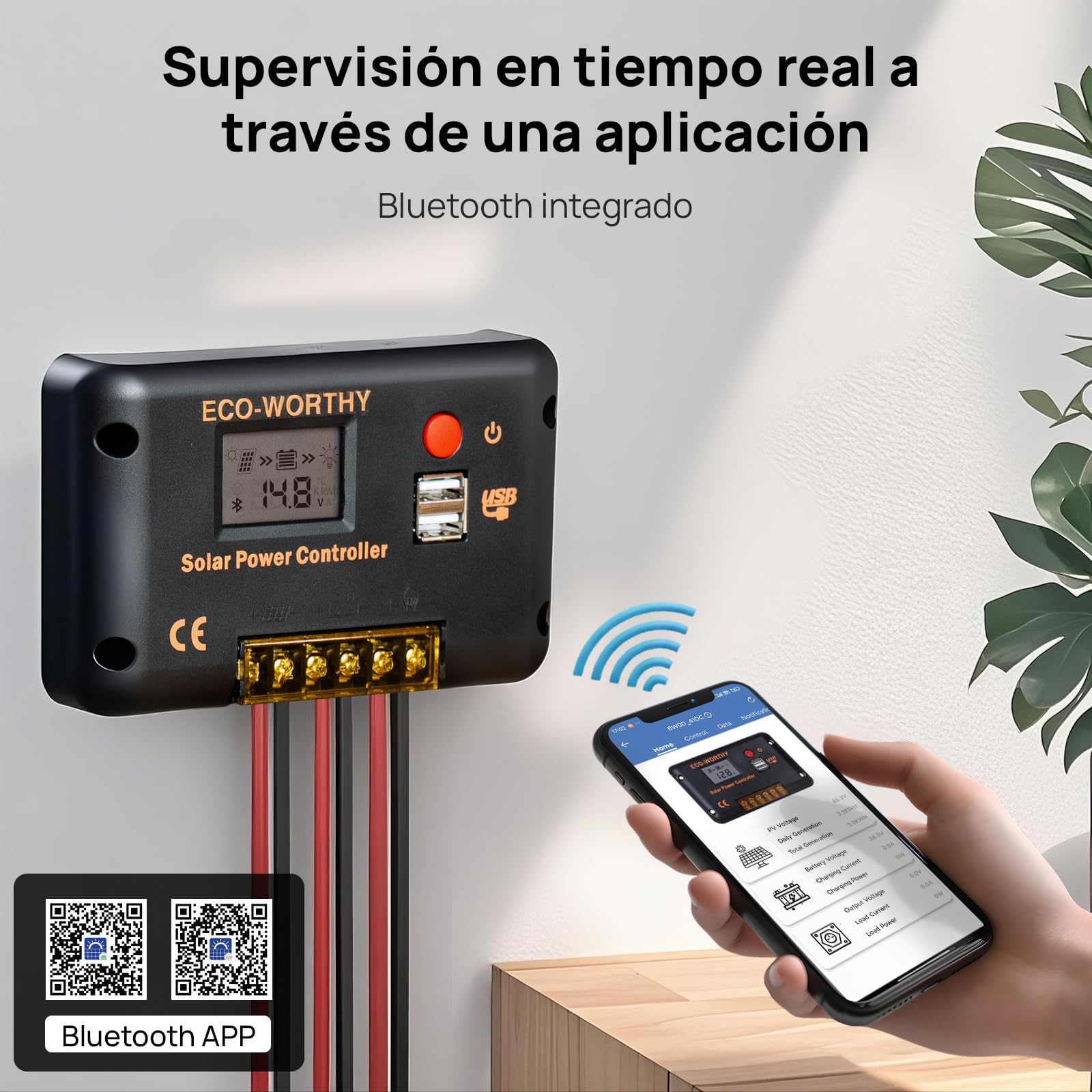 ECO-WORTHY Regulador de Carga Solar 30A Controlador inteligente para paneles solares y baterías con 2 puertos USB 12/24 V PWM Apto para bateria lifepo4, plomo-ácido y gel