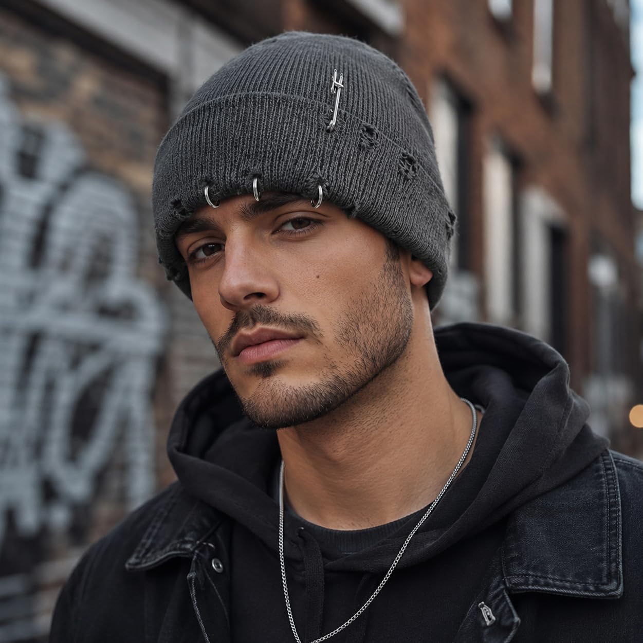 Distressed Ring Beanie Hat Unisex Fashion Hip-hop Slouchy Knitted Skull Caps