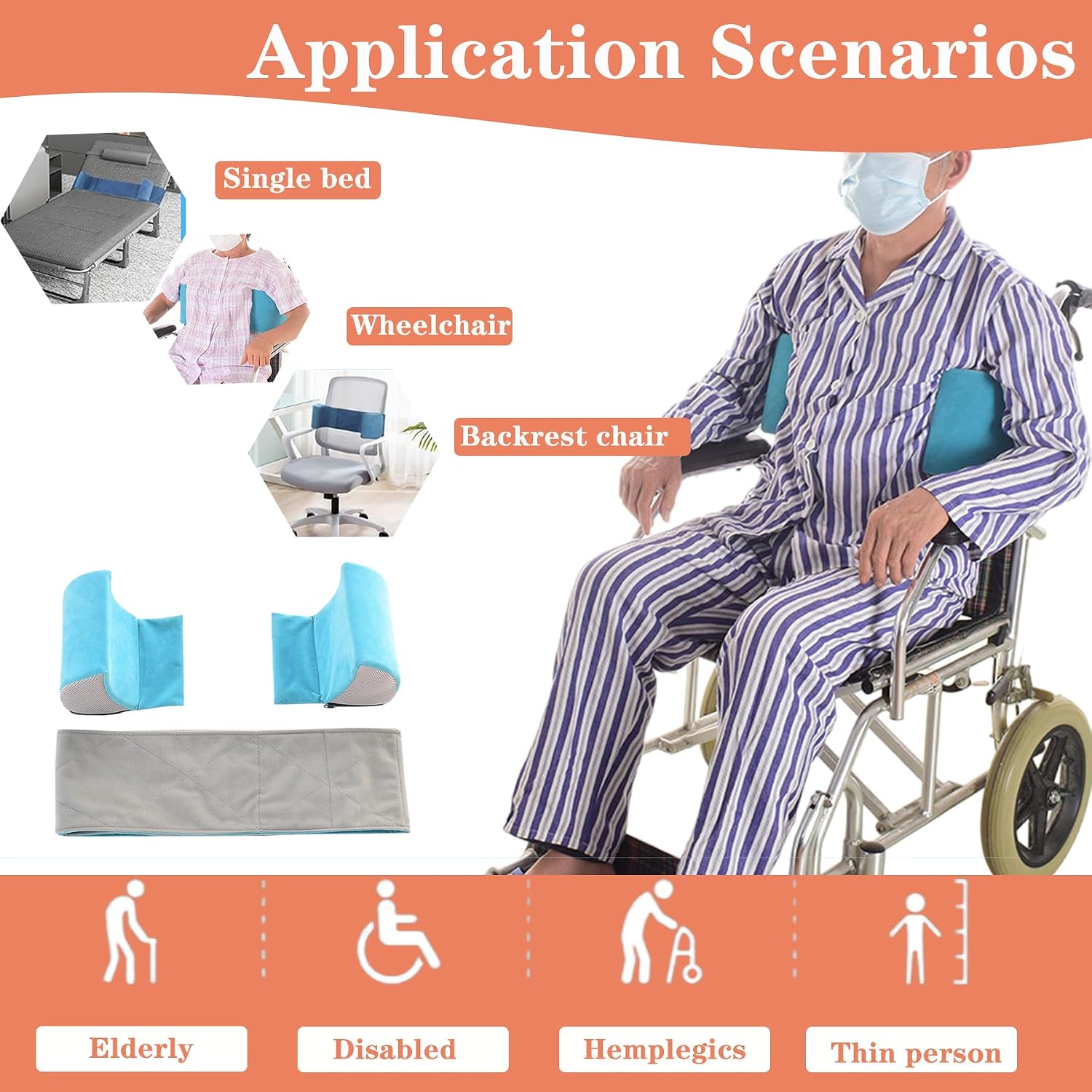 Wheelchair Lateral Support Cushion, Blue, Modern Style, Pillow Back, Flannel Material, Adjustable Size, Indoor Use