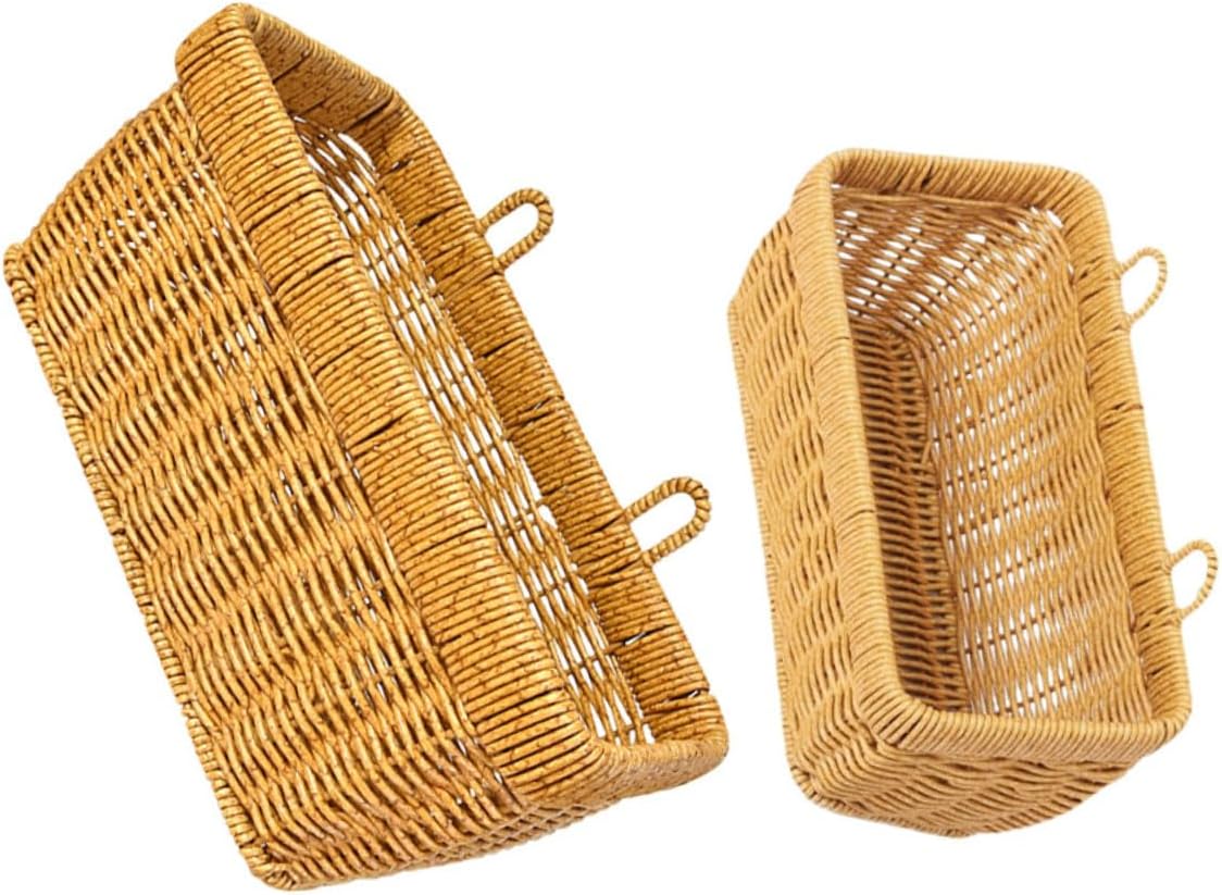 2pcs Kitchen Hanging Woven Wall Baskets Set – Plastic Rattan Imitation Storage Organizer for Vegetables, Fruits, Eggs – Large and Small Light Coffee Color for Kitchen Wall Mount