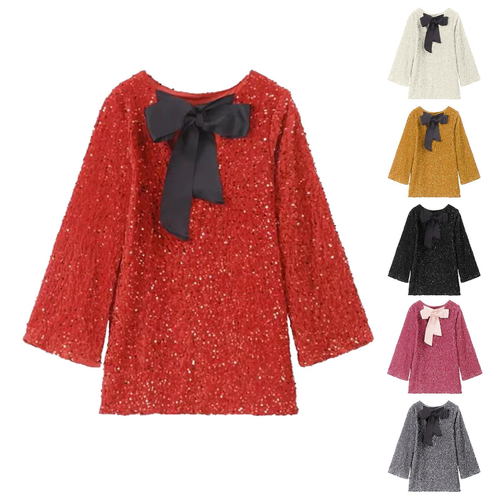 Pailettenkleider Für Damen Mit Fliege - Partykleid Rundausschnitt Glitzer Cocktailkleid Elegant - Pullover Kleid Frauen Blusenkleid Langarm Festlich Pailletten Kleider Glitzerkleid Abendkleid