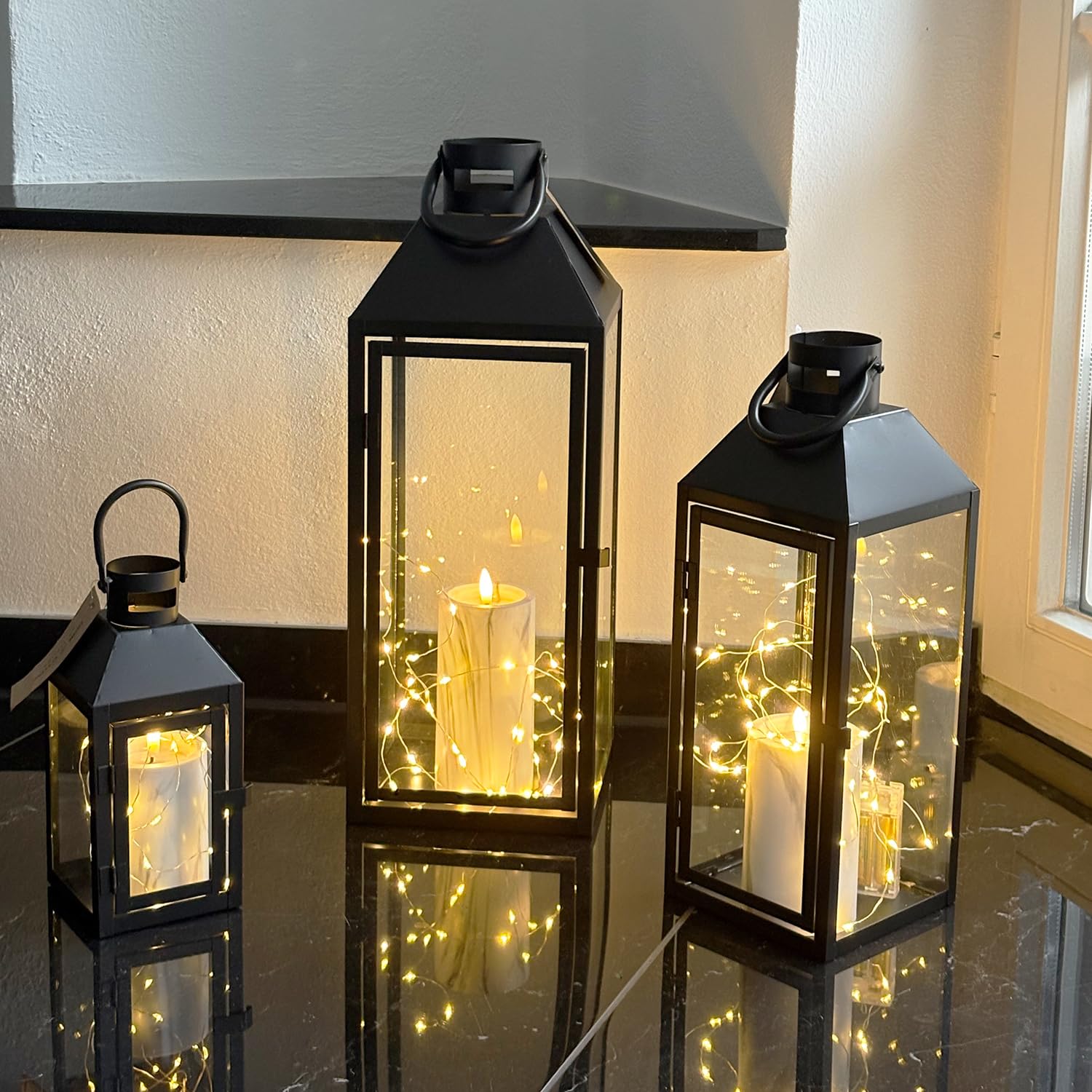 Mojawo 3er Set Gartenlaterne Windlicht Laterne Laternen Metalllaterne Set Dekoration Außen Metall Schwarz H23/39/49cm